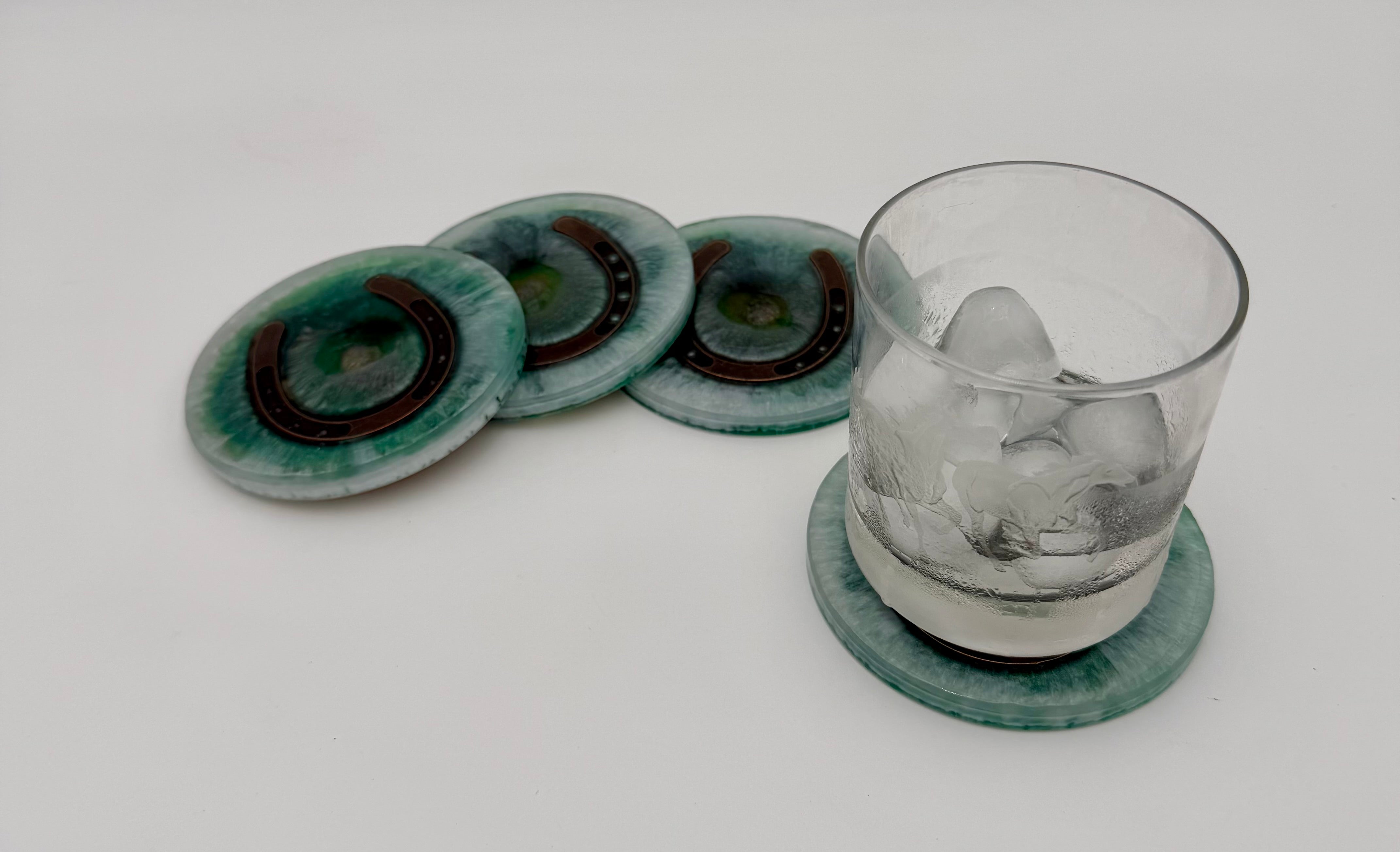 Handmade Round Resin Coasters with Horseshoe Hardware – Set of 4
