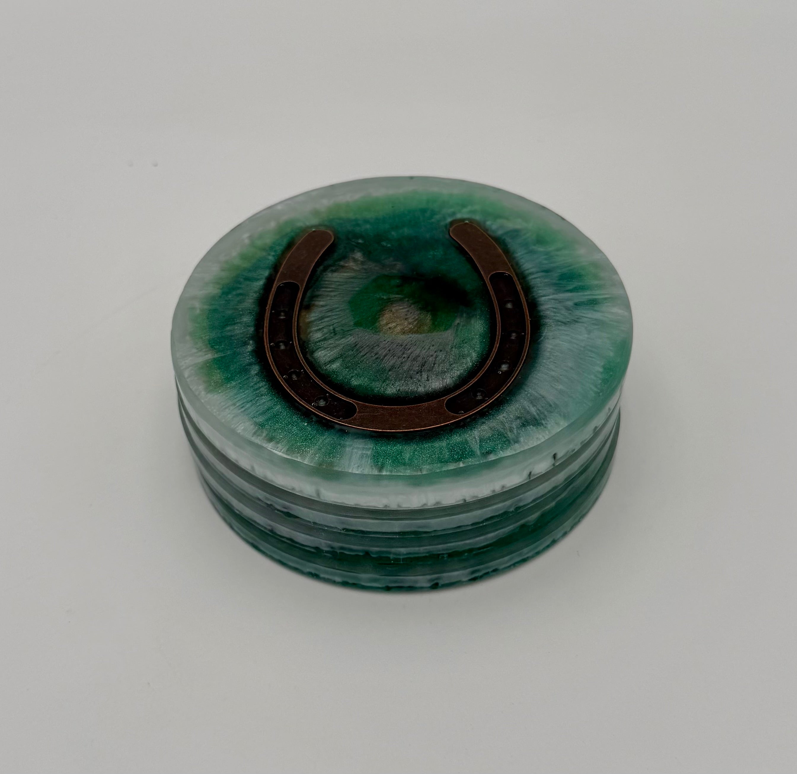 Handmade Round Resin Coasters with Horseshoe Hardware – Set of 4