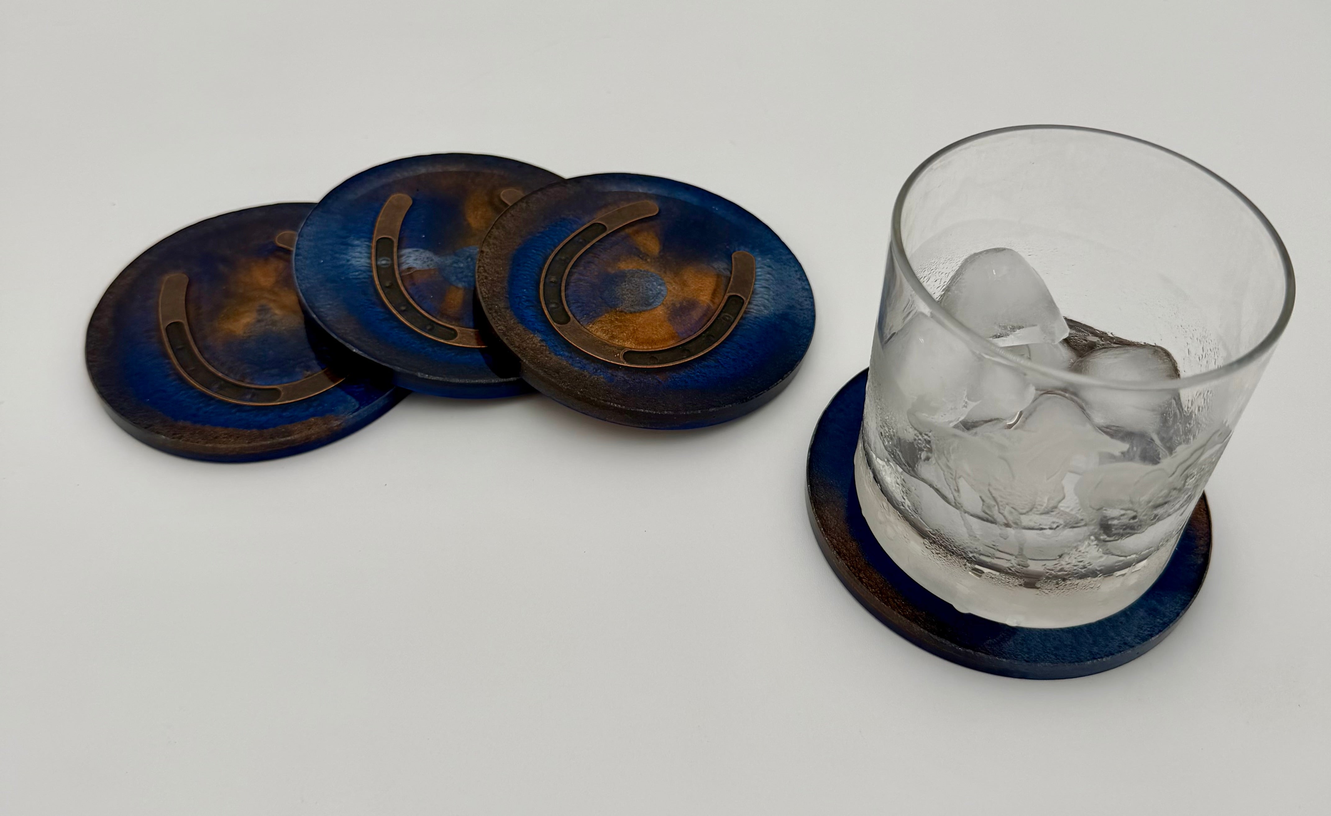 Handmade Round Resin Coasters with Horseshoe Hardware – Set of 4
