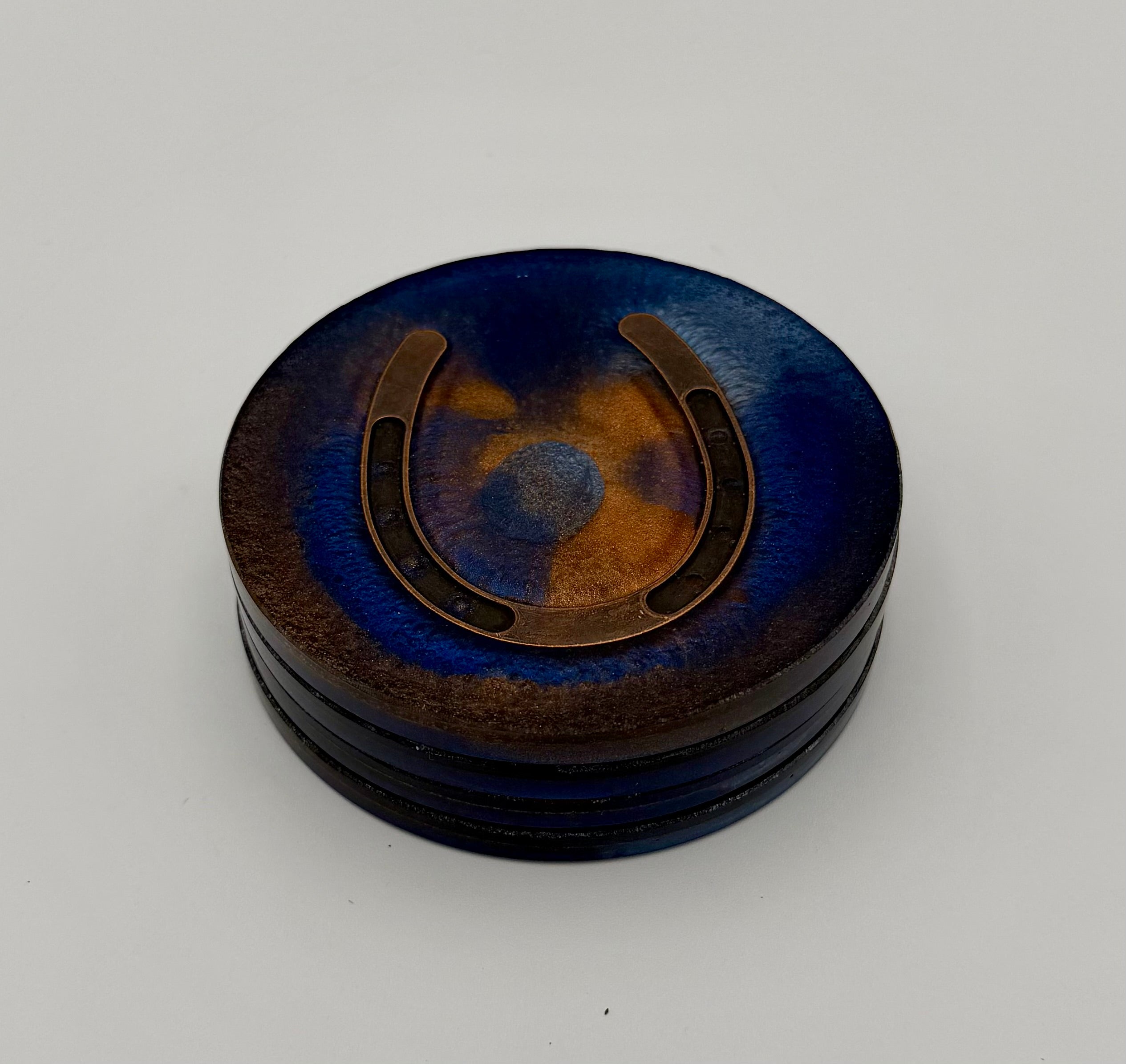 Handmade Round Resin Coasters with Horseshoe Hardware – Set of 4