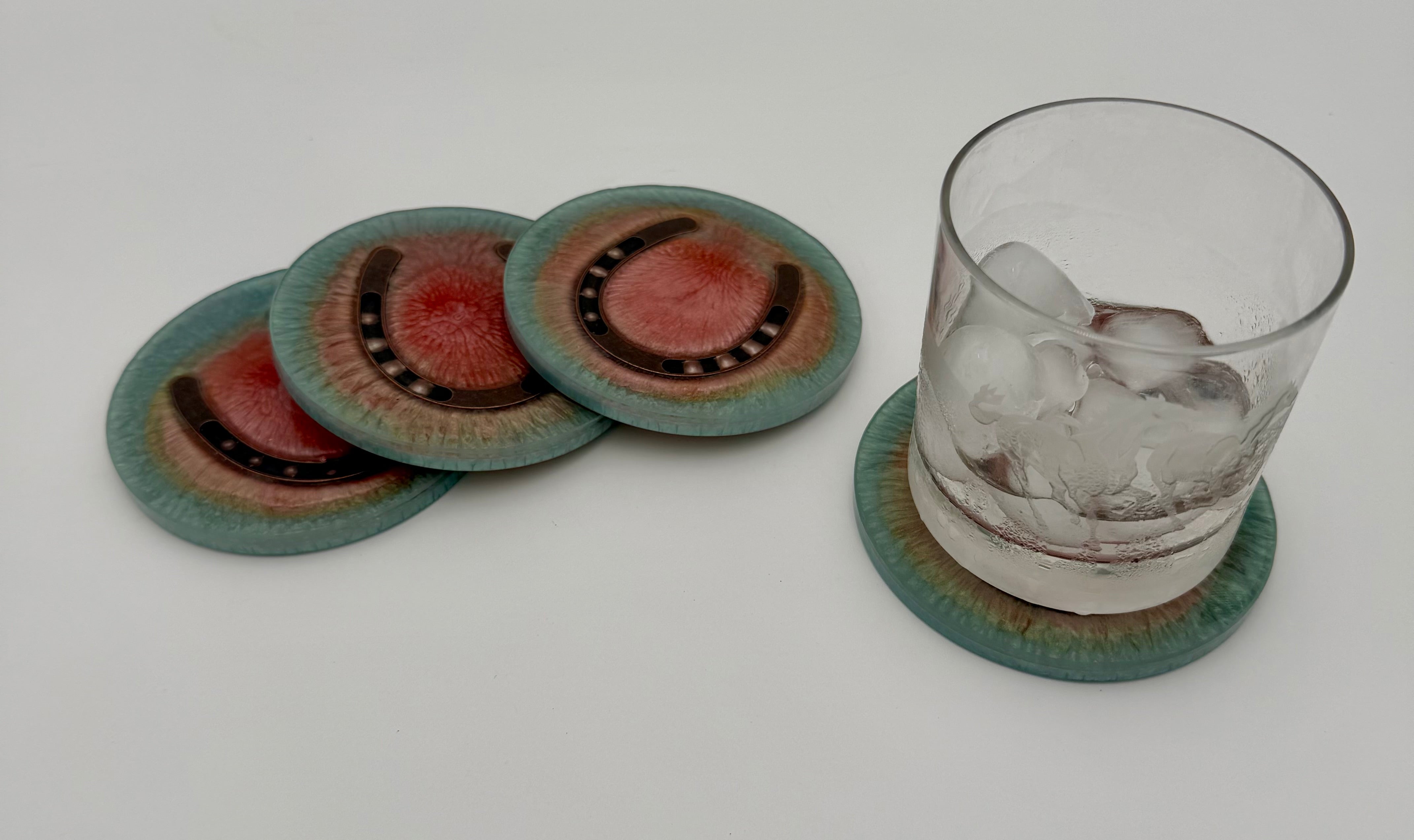Handmade Round Resin Coasters with Horseshoe Hardware – Set of 4