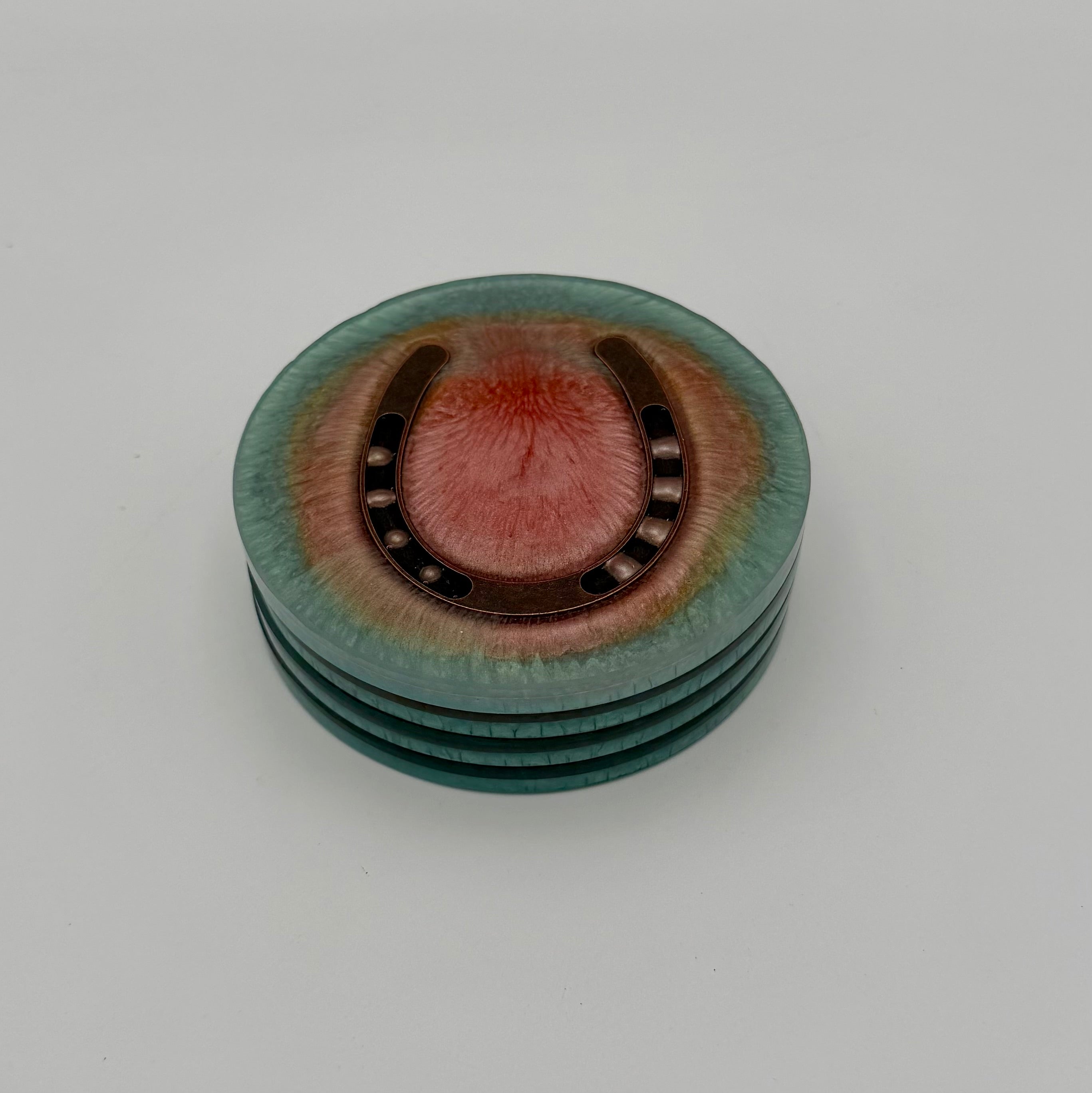 Handmade Round Resin Coasters with Horseshoe Hardware – Set of 4