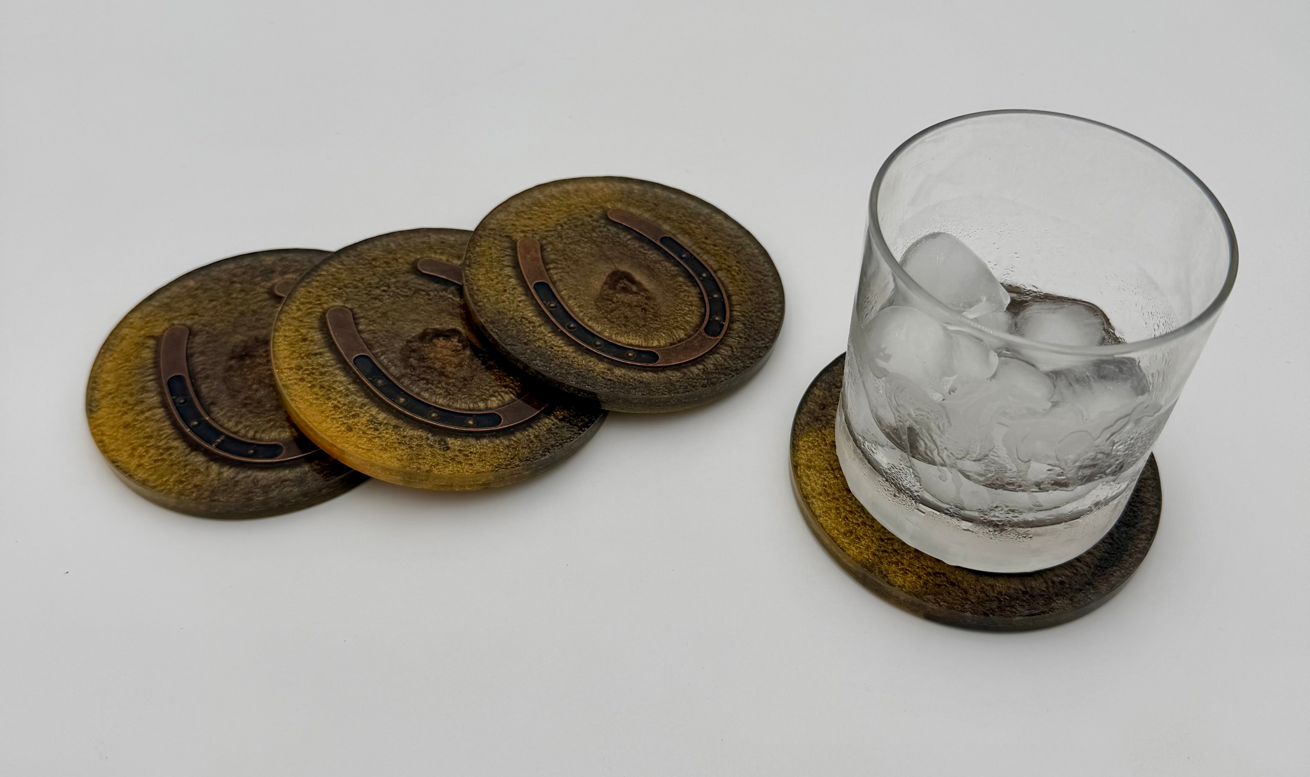 Handmade Round Resin Coasters with Horseshoe Hardware – Set of 4