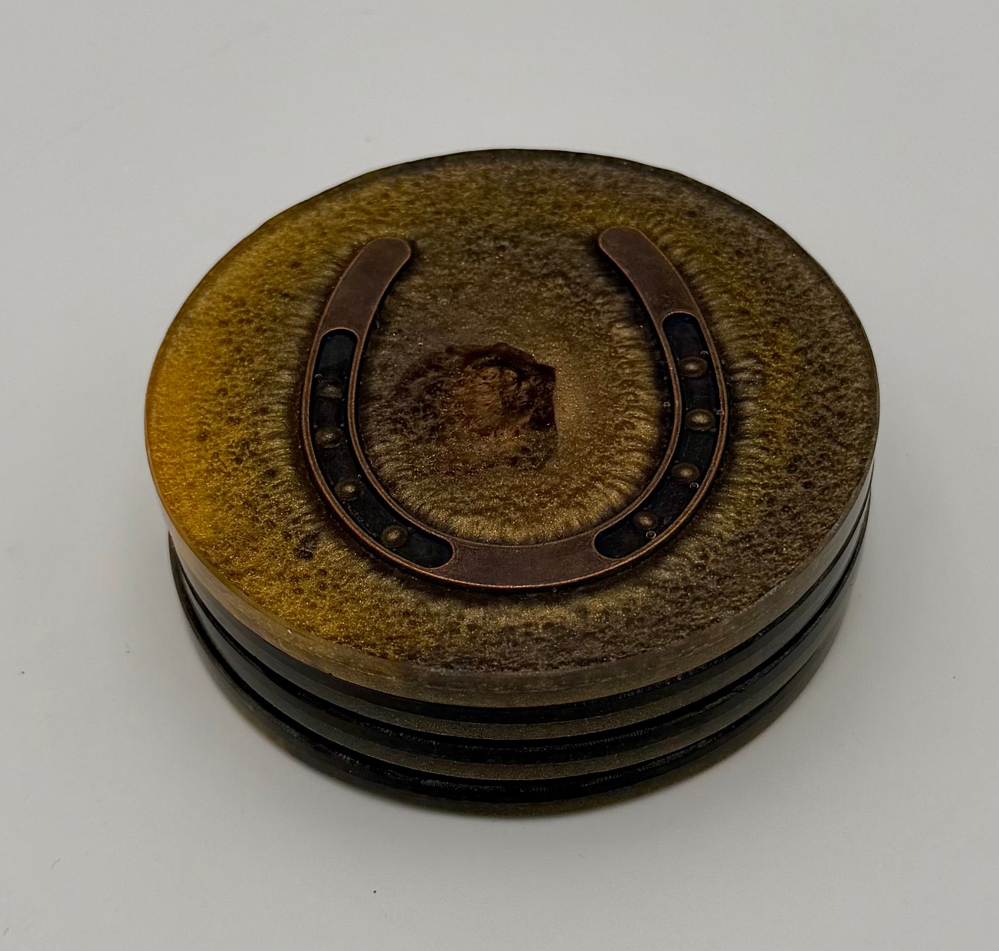Handmade Round Resin Coasters with Horseshoe Hardware – Set of 4