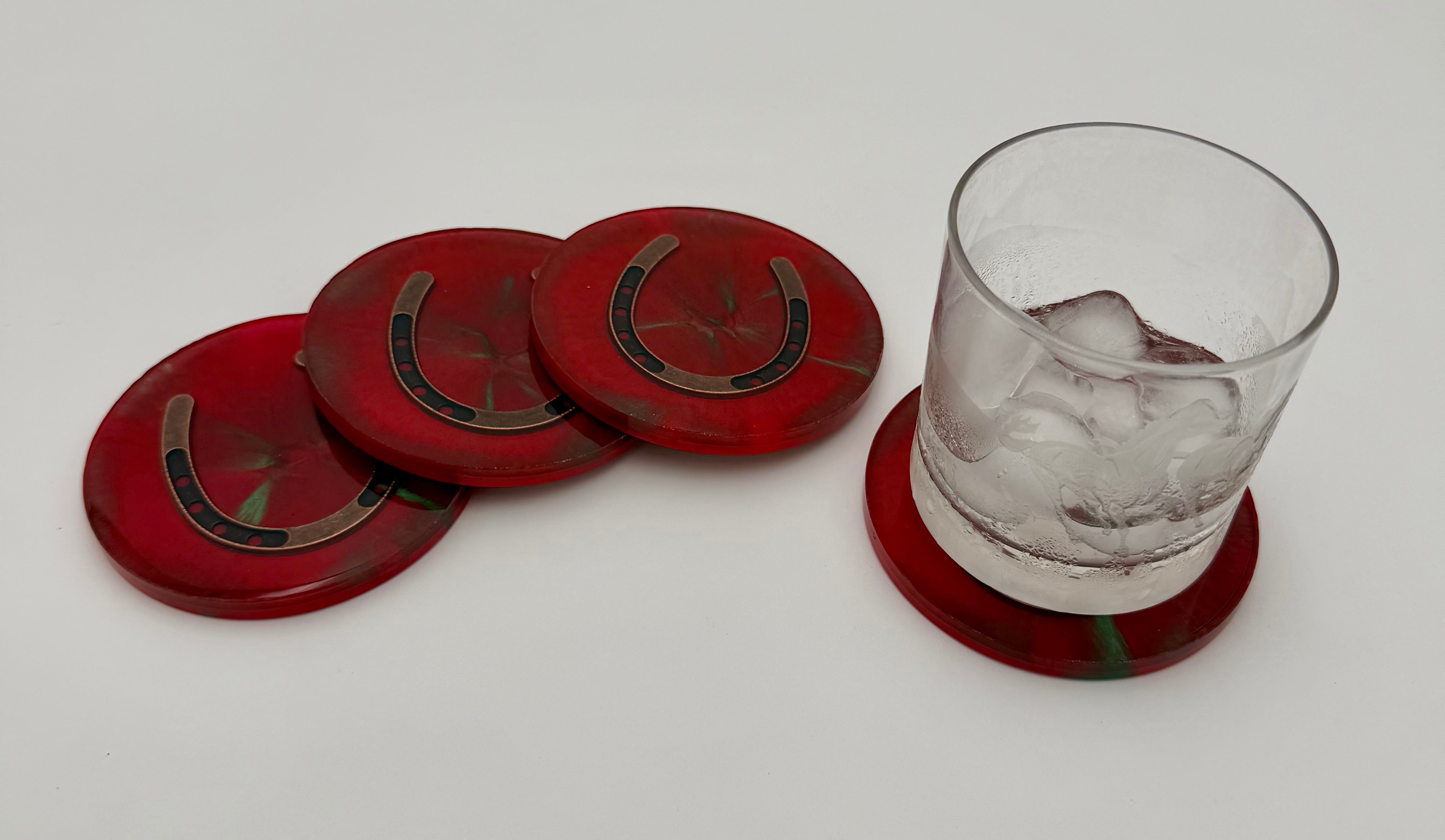 Handmade Round Resin Coasters with Horseshoe Hardware – Set of 4
