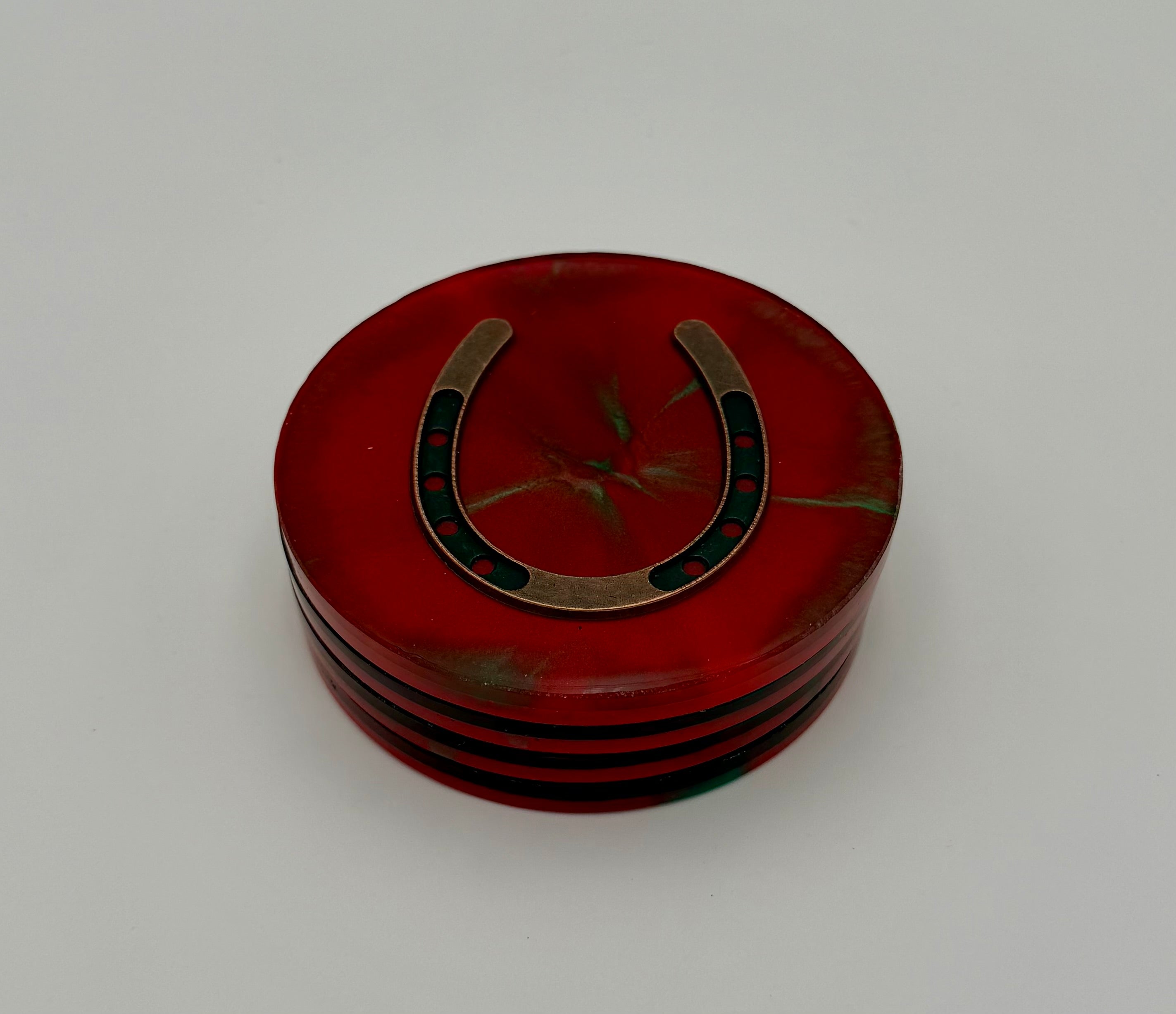 Handmade Round Resin Coasters with Horseshoe Hardware – Set of 4