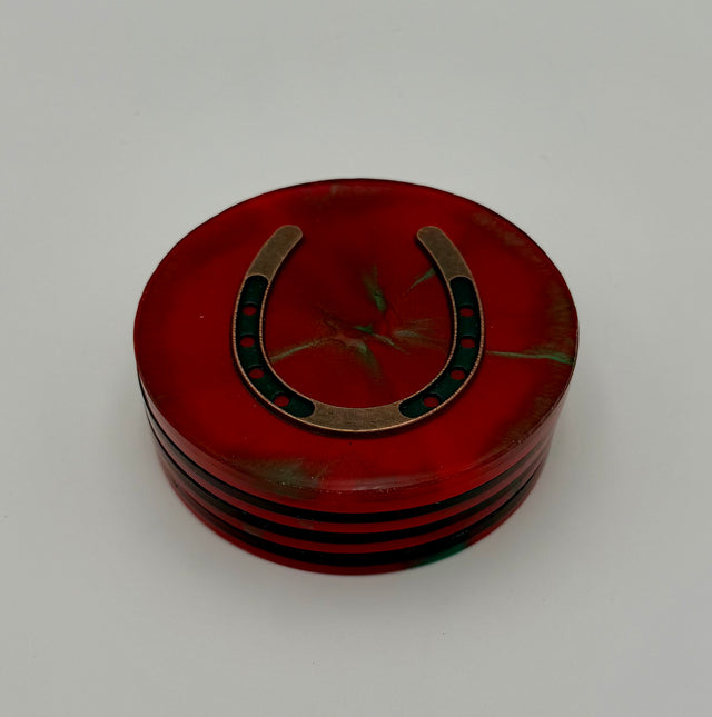 Handmade Round Resin Coasters with Horseshoe Hardware – Set of 4