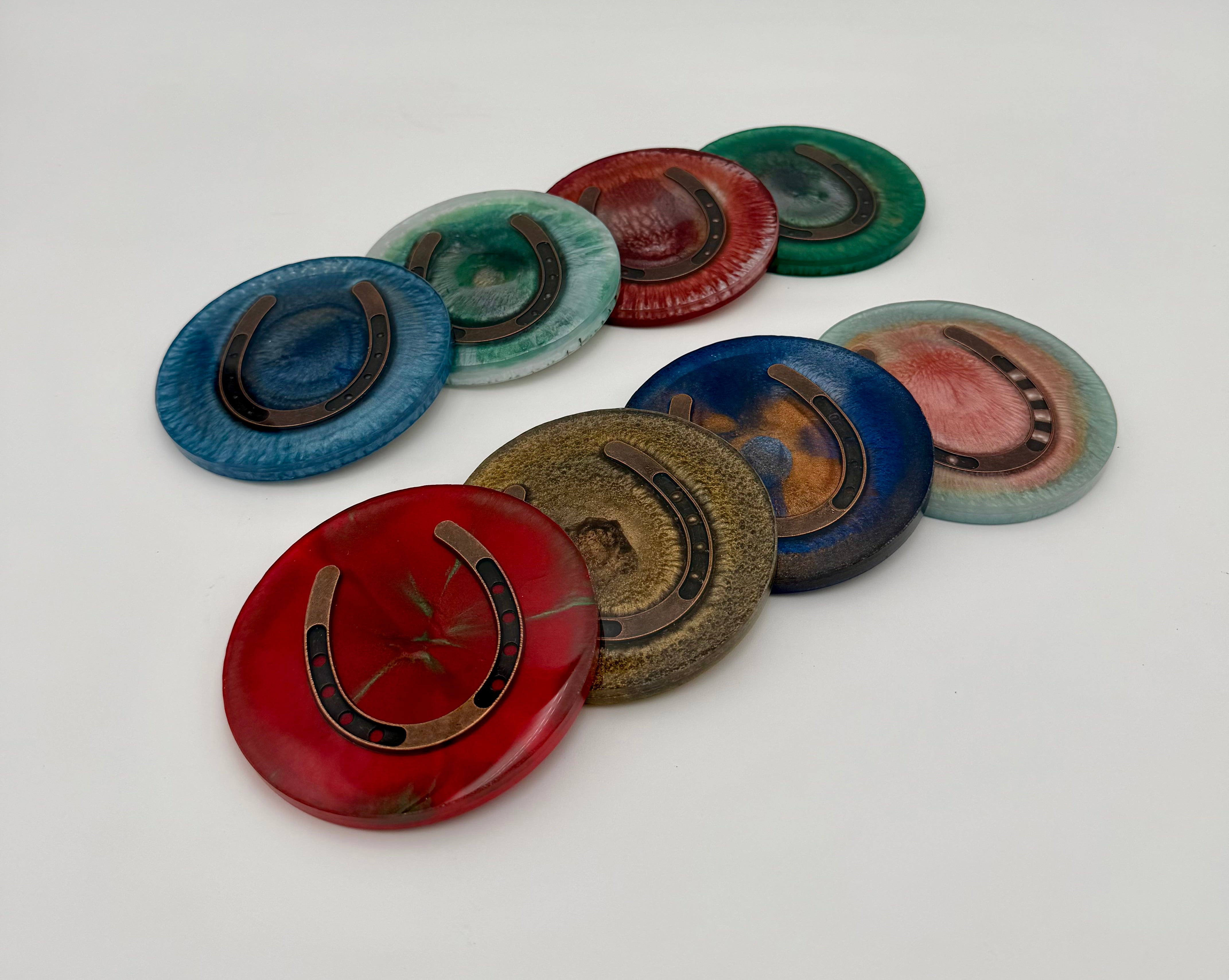 Handmade Round Resin Coasters with Horseshoe Hardware – Set of 4
