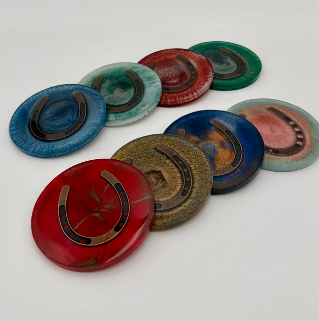 Handmade Round Resin Coasters with Horseshoe Hardware – Set of 4