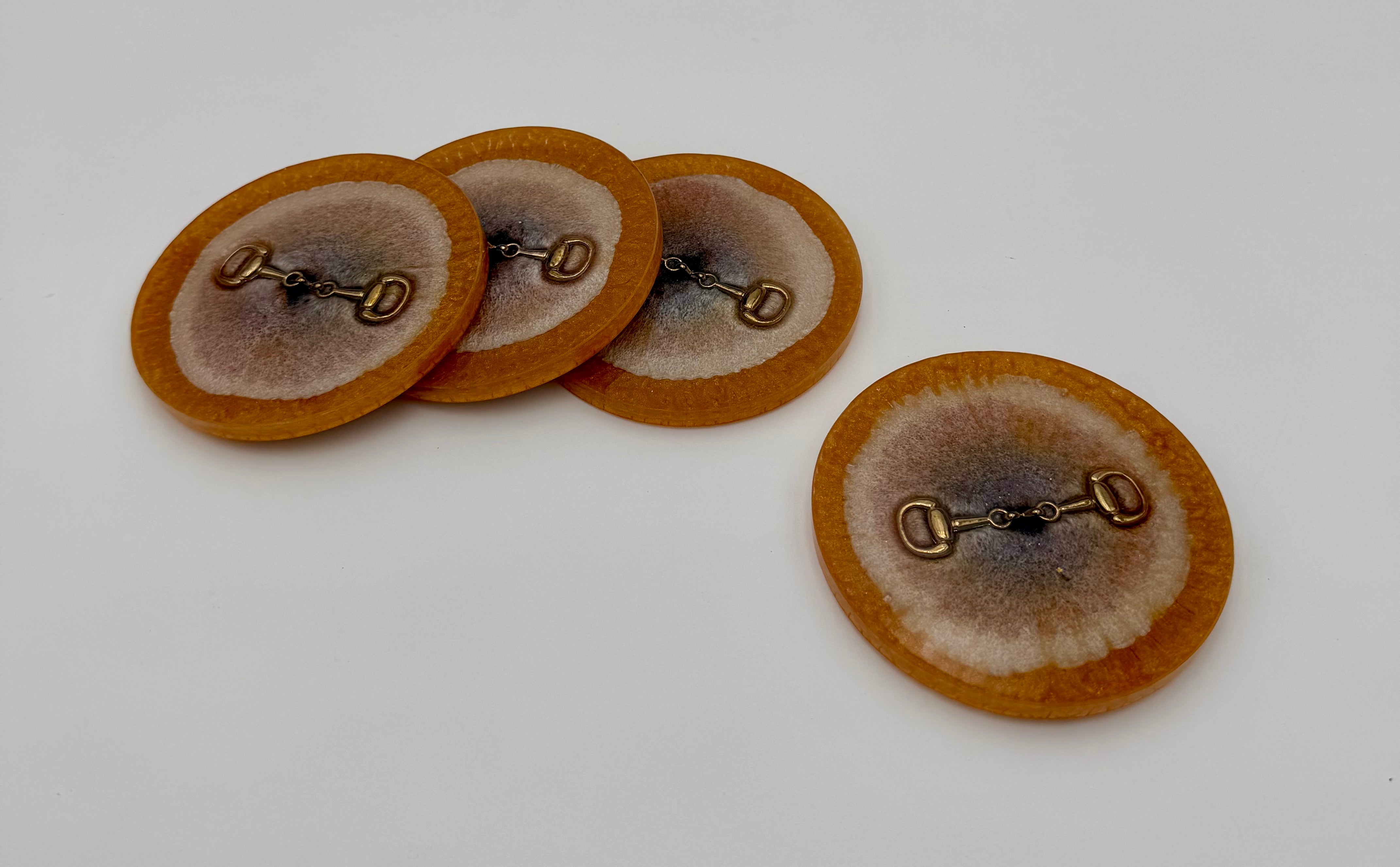 Modern Equestrian Round Resin Coasters – Set of 4 Drink Coasters with Snaffle Bit Hardware