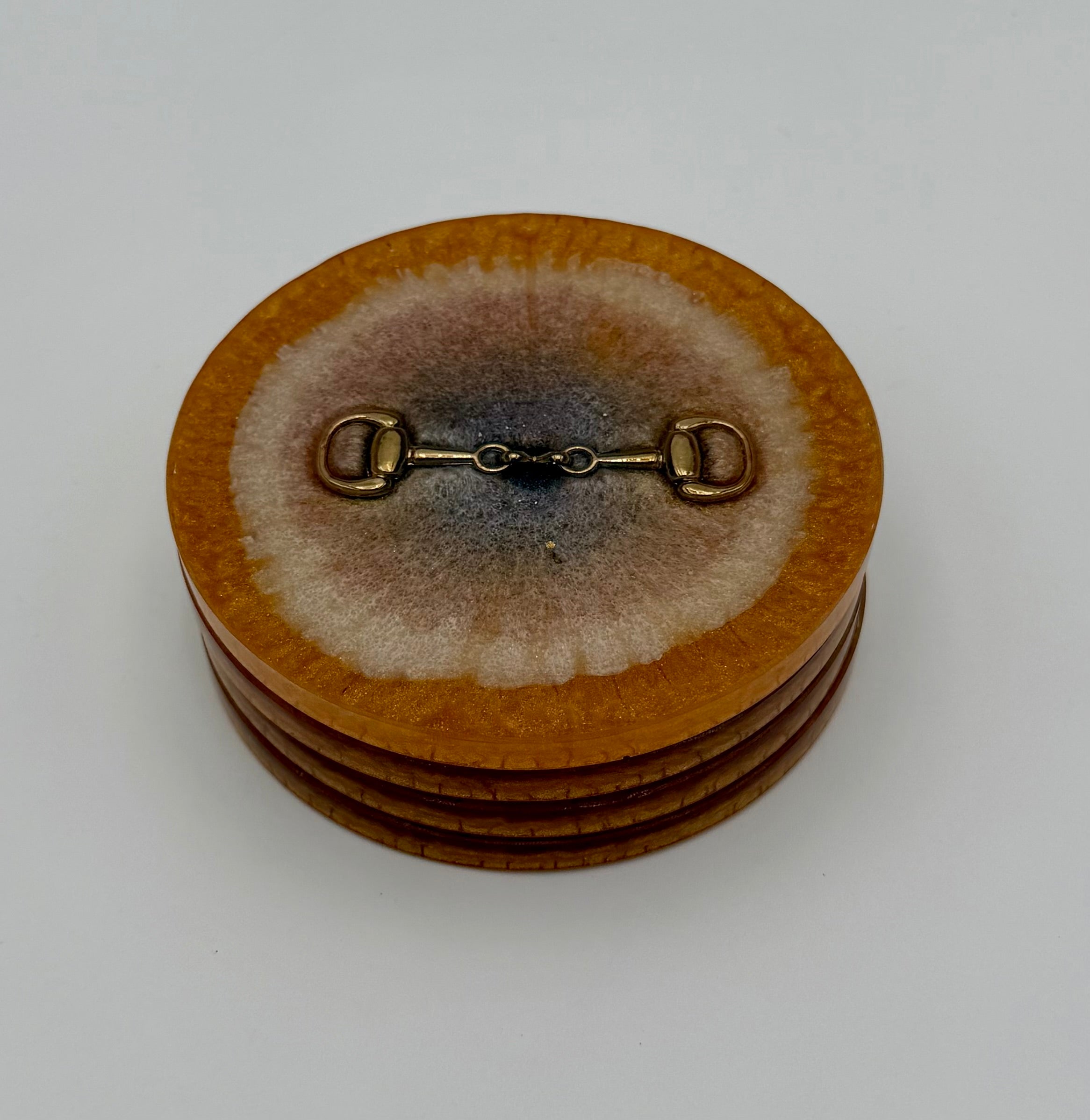 Modern Equestrian Round Resin Coasters – Set of 4 Drink Coasters with Snaffle Bit Hardware