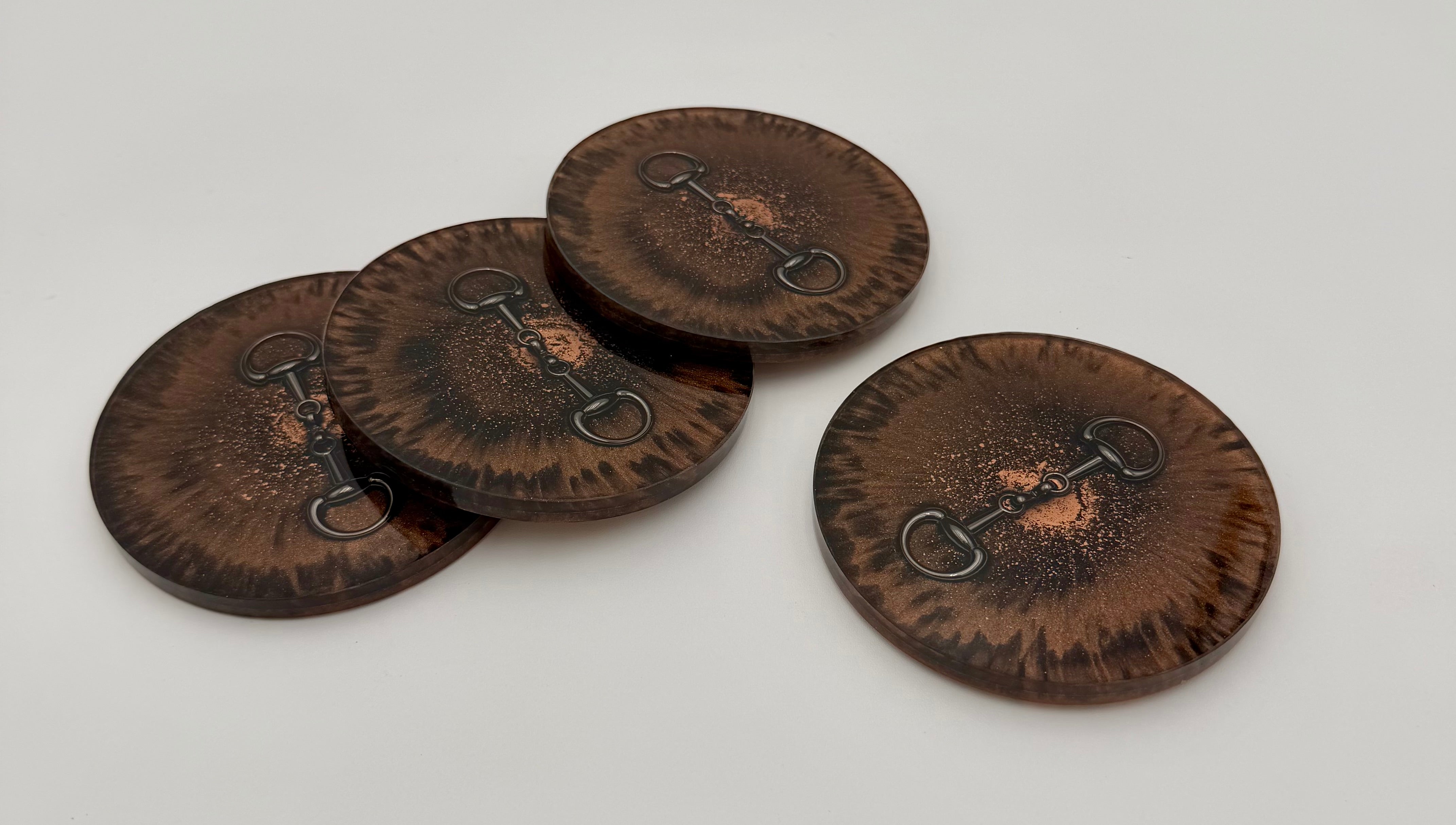 Modern Equestrian Round Resin Coasters – Set of 4 Drink Coasters with Snaffle Bit Hardware