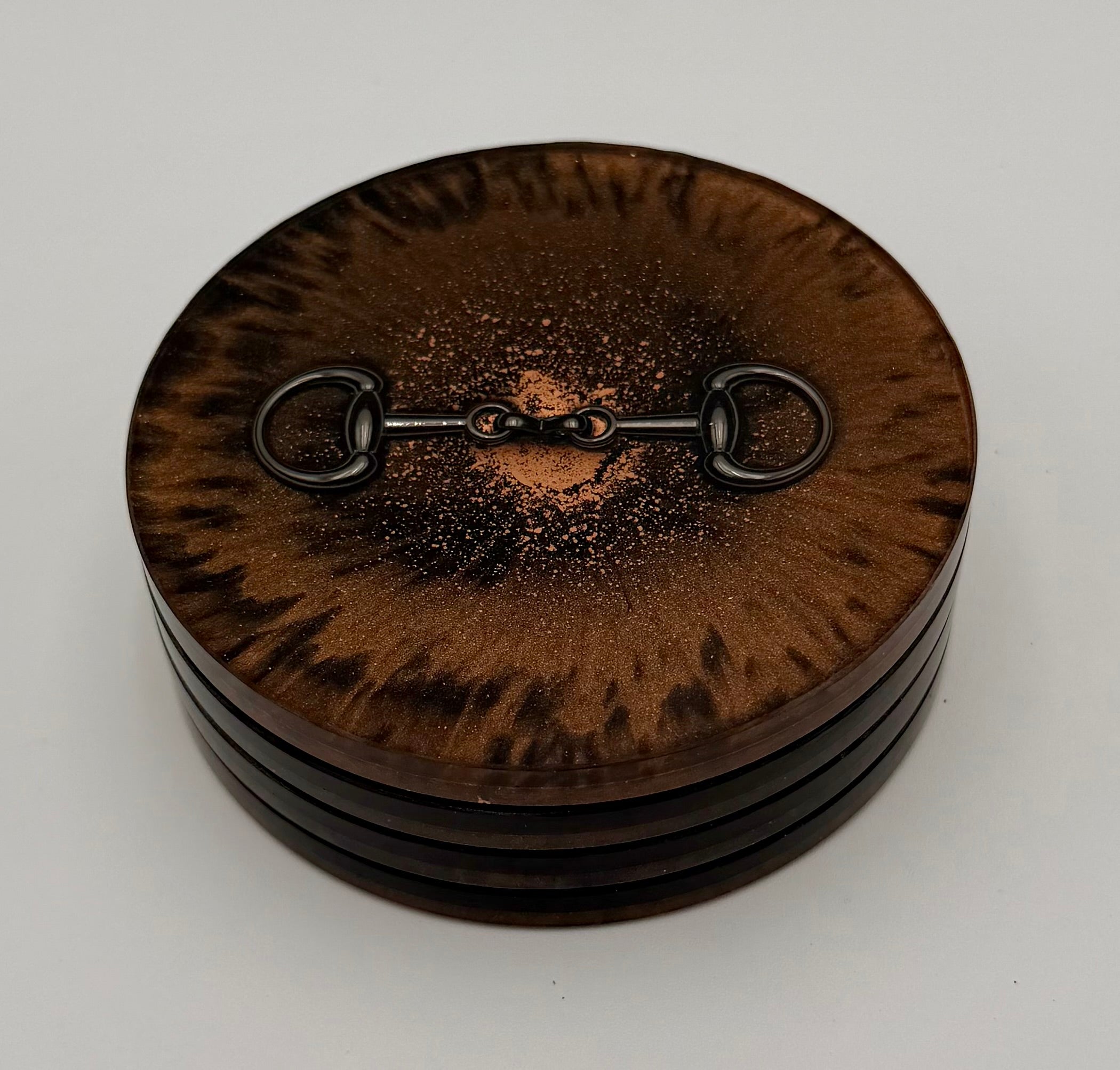 Modern Equestrian Round Resin Coasters – Set of 4 Drink Coasters with Snaffle Bit Hardware
