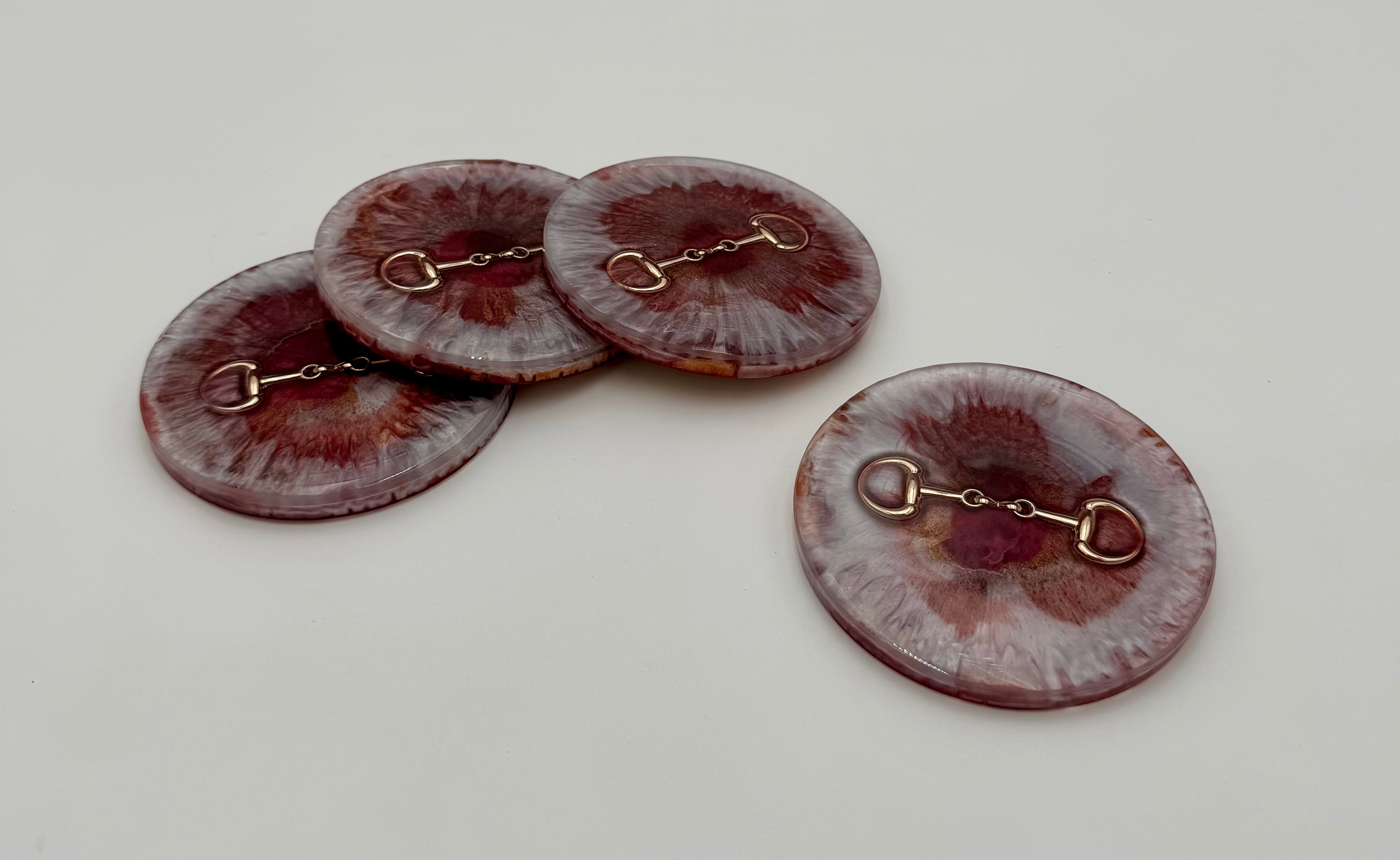 Modern Equestrian Round Resin Coasters – Set of 4 Drink Coasters with Snaffle Bit Hardware