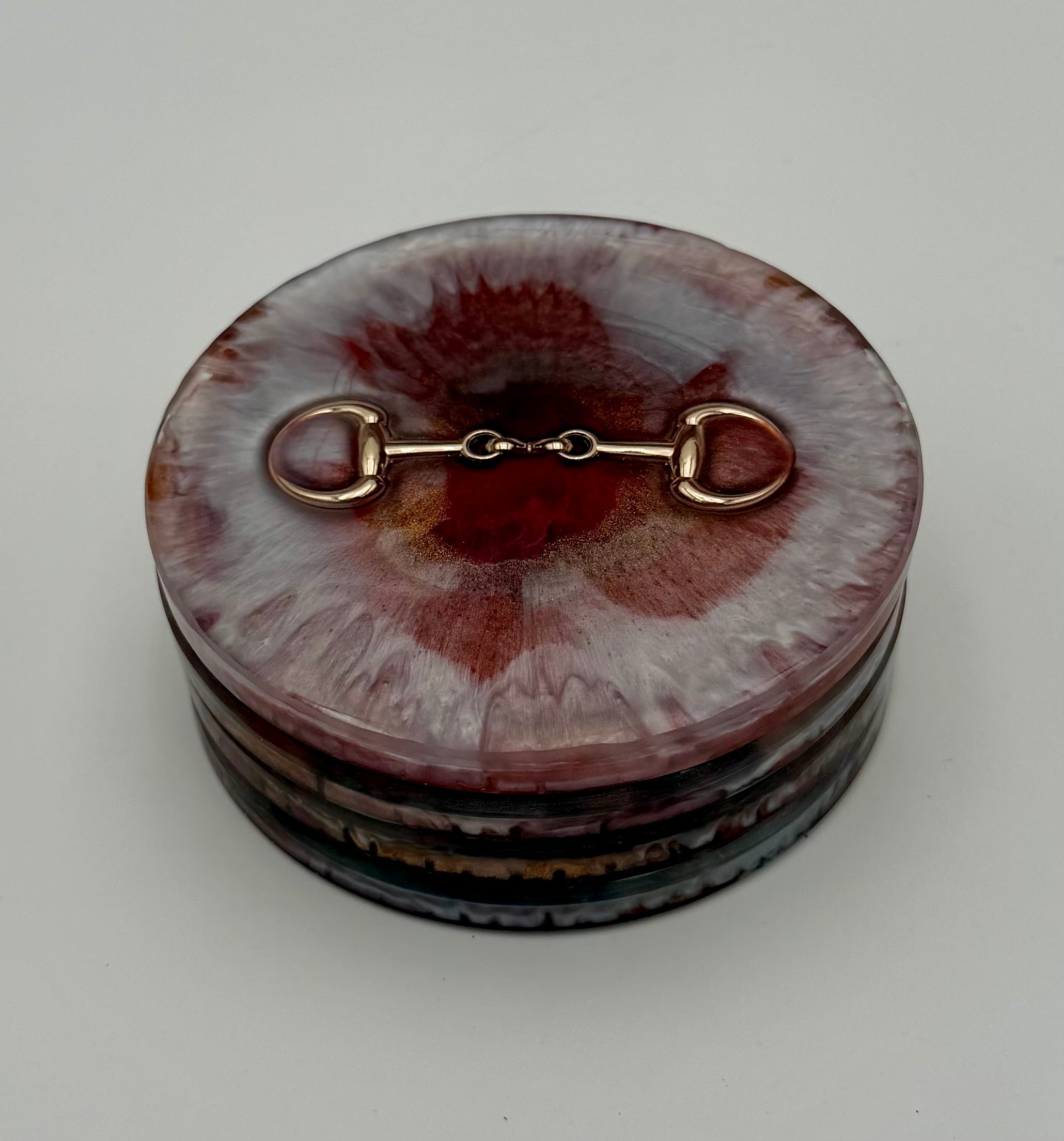 Modern Equestrian Round Resin Coasters – Set of 4 Drink Coasters with Snaffle Bit Hardware