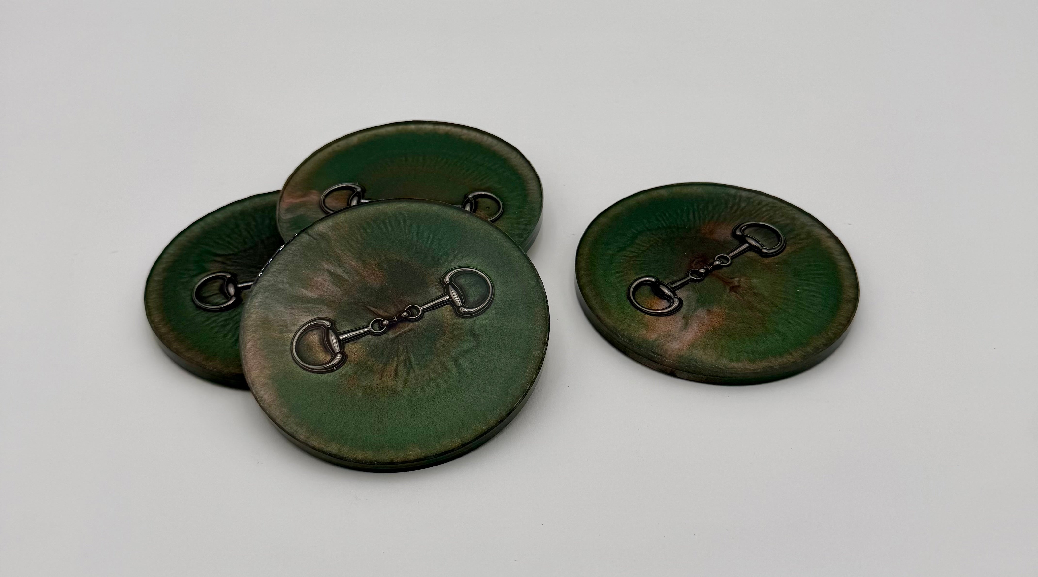 Modern Equestrian Round Resin Coasters – Set of 4 Drink Coasters with Snaffle Bit Hardware