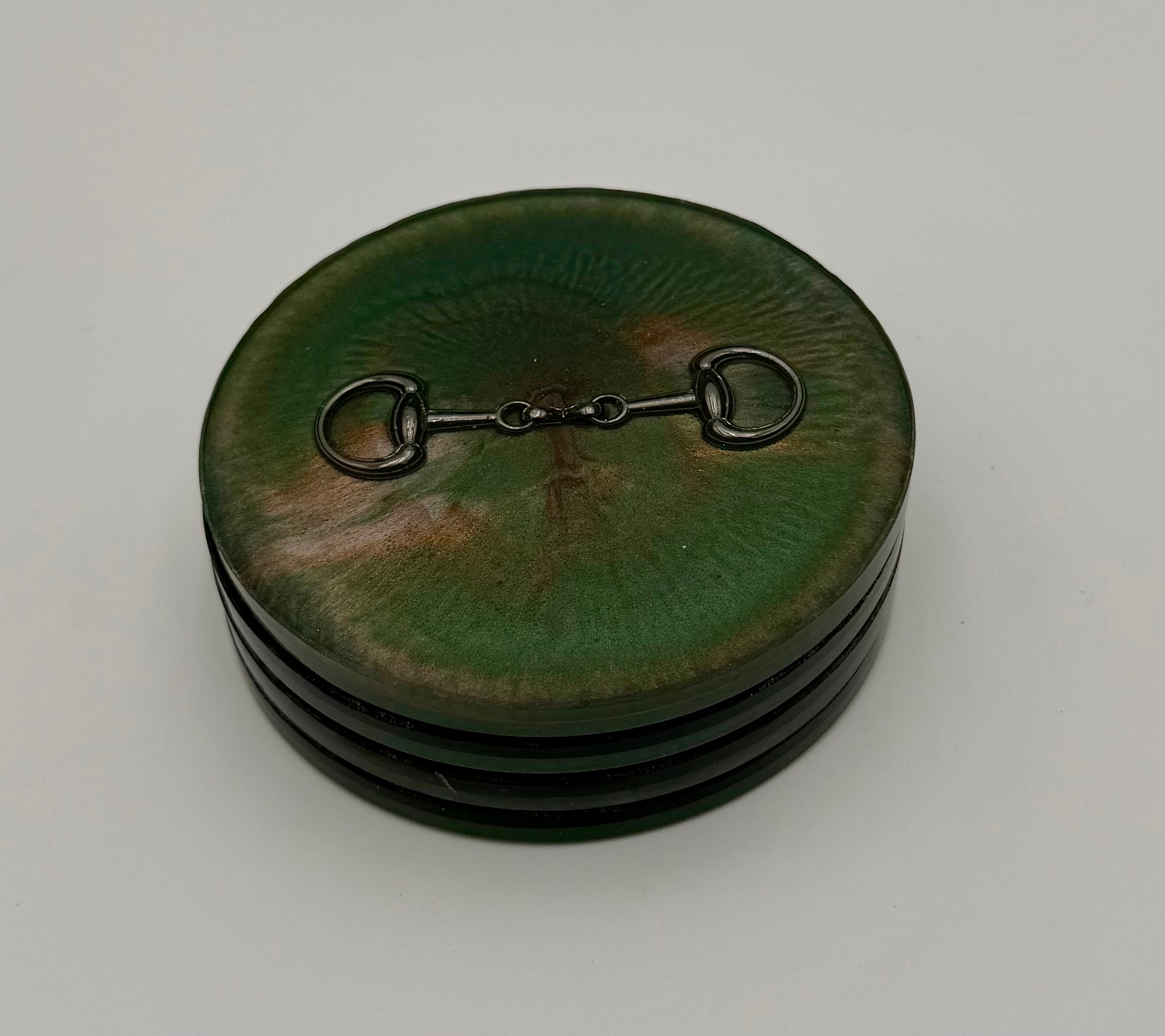 Modern Equestrian Round Resin Coasters – Set of 4 Drink Coasters with Snaffle Bit Hardware