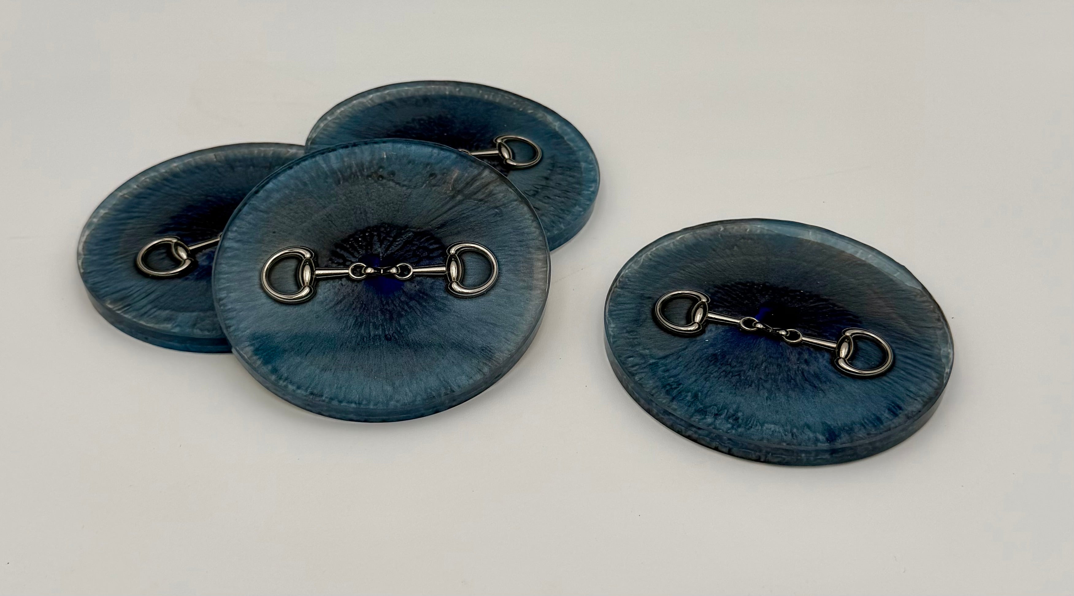 Modern Equestrian Round Resin Coasters – Set of 4 Drink Coasters with Snaffle Bit Hardware