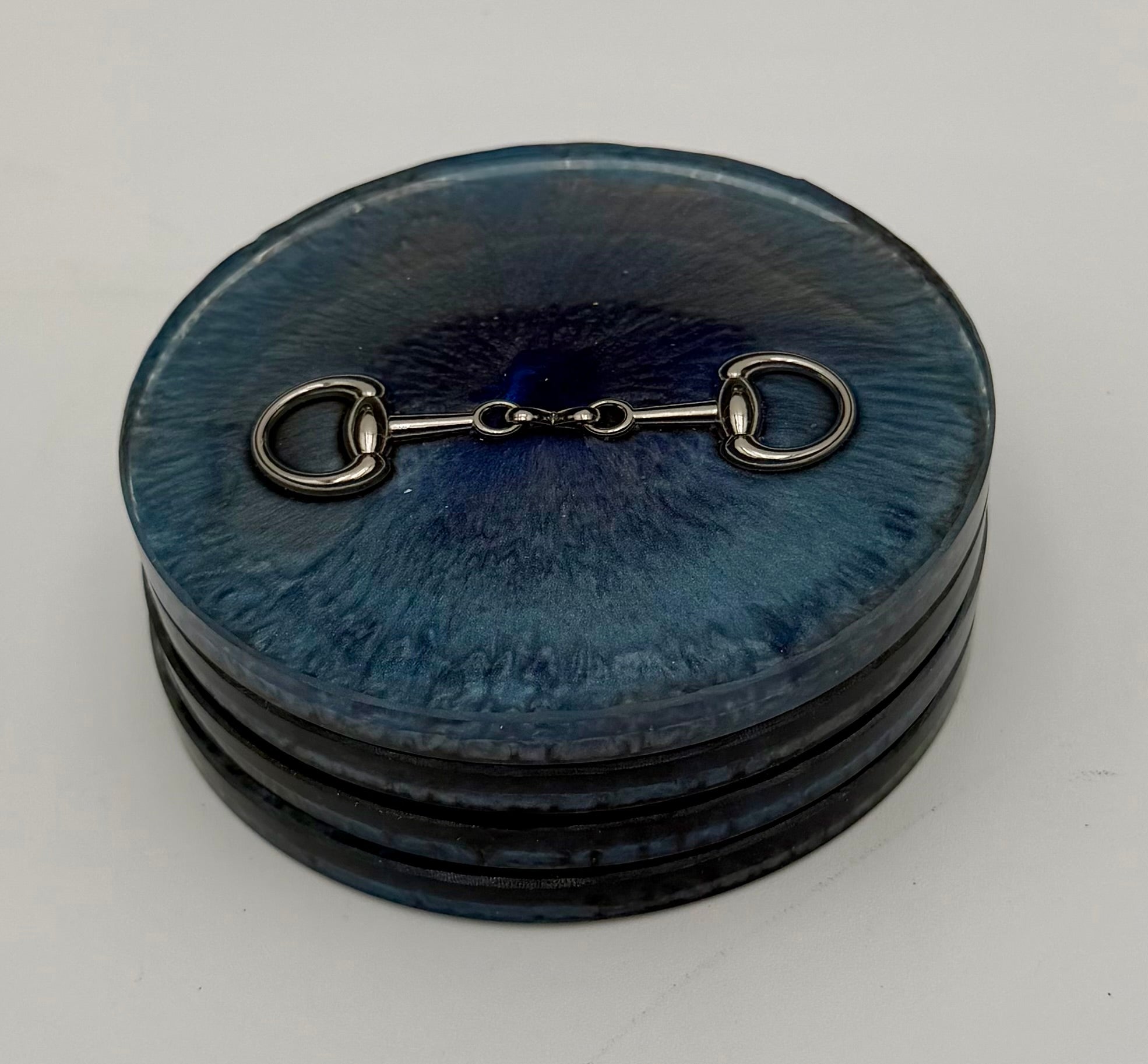 Modern Equestrian Round Resin Coasters – Set of 4 Drink Coasters with Snaffle Bit Hardware