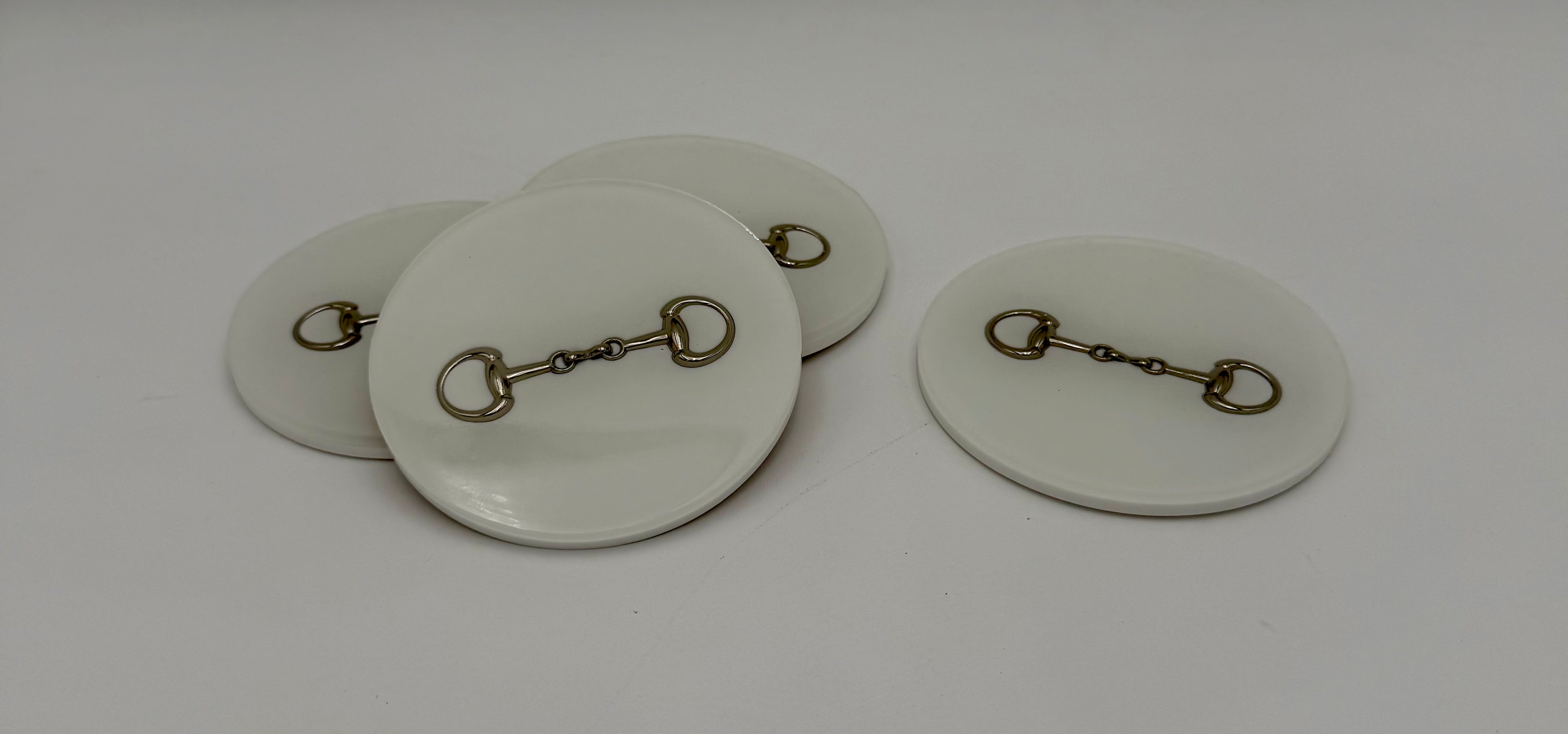 Modern Equestrian Round Resin Coasters – Set of 4 Drink Coasters with Snaffle Bit Hardware