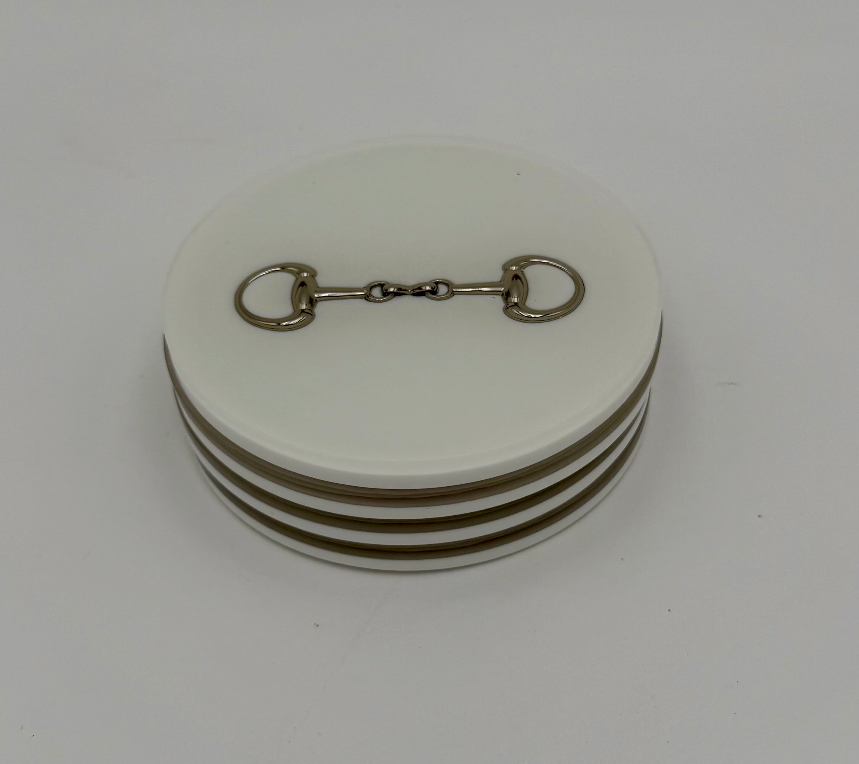 Modern Equestrian Round Resin Coasters – Set of 4 Drink Coasters with Snaffle Bit Hardware