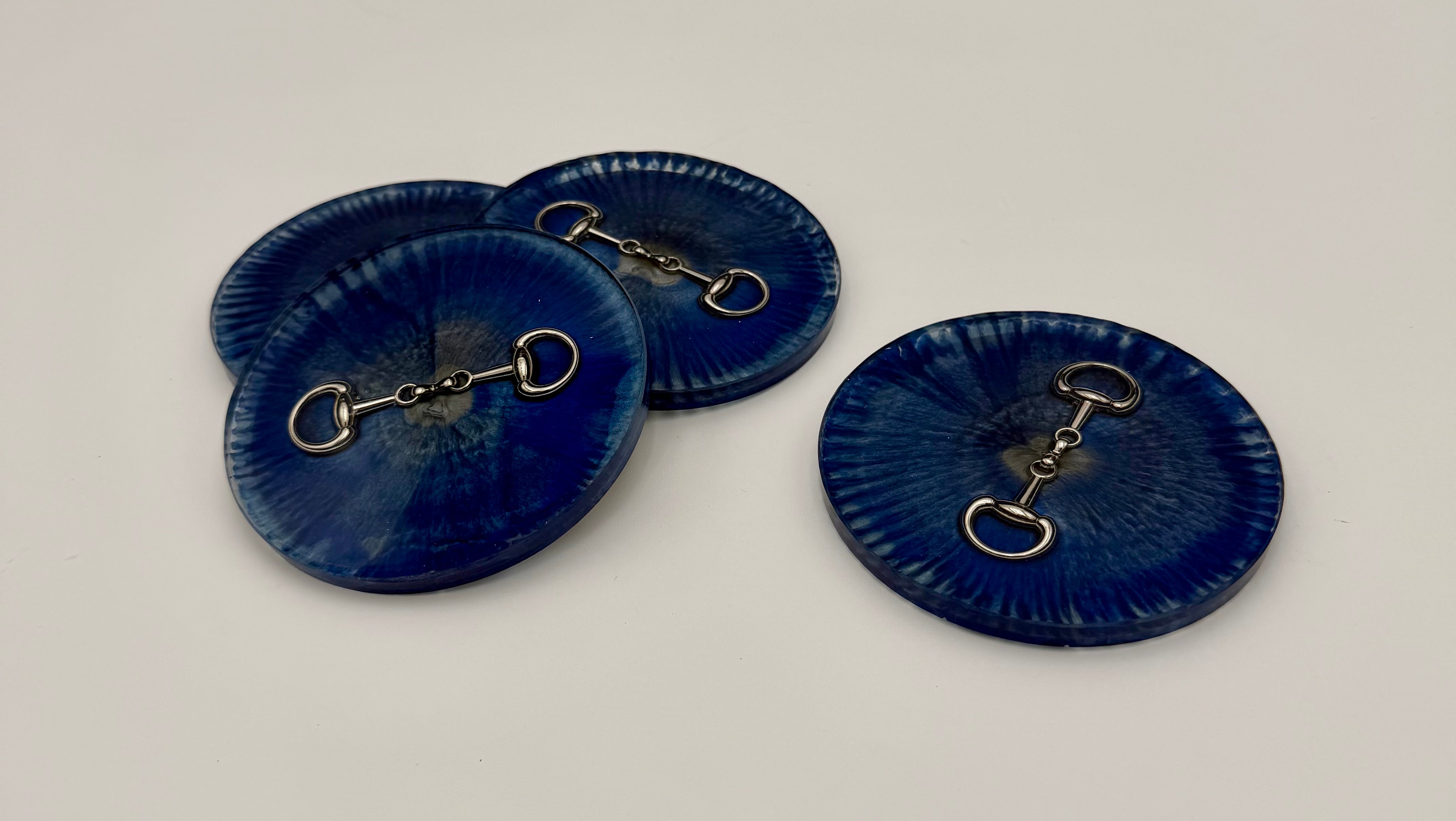 Modern Equestrian Round Resin Coasters – Set of 4 Drink Coasters with Snaffle Bit Hardware