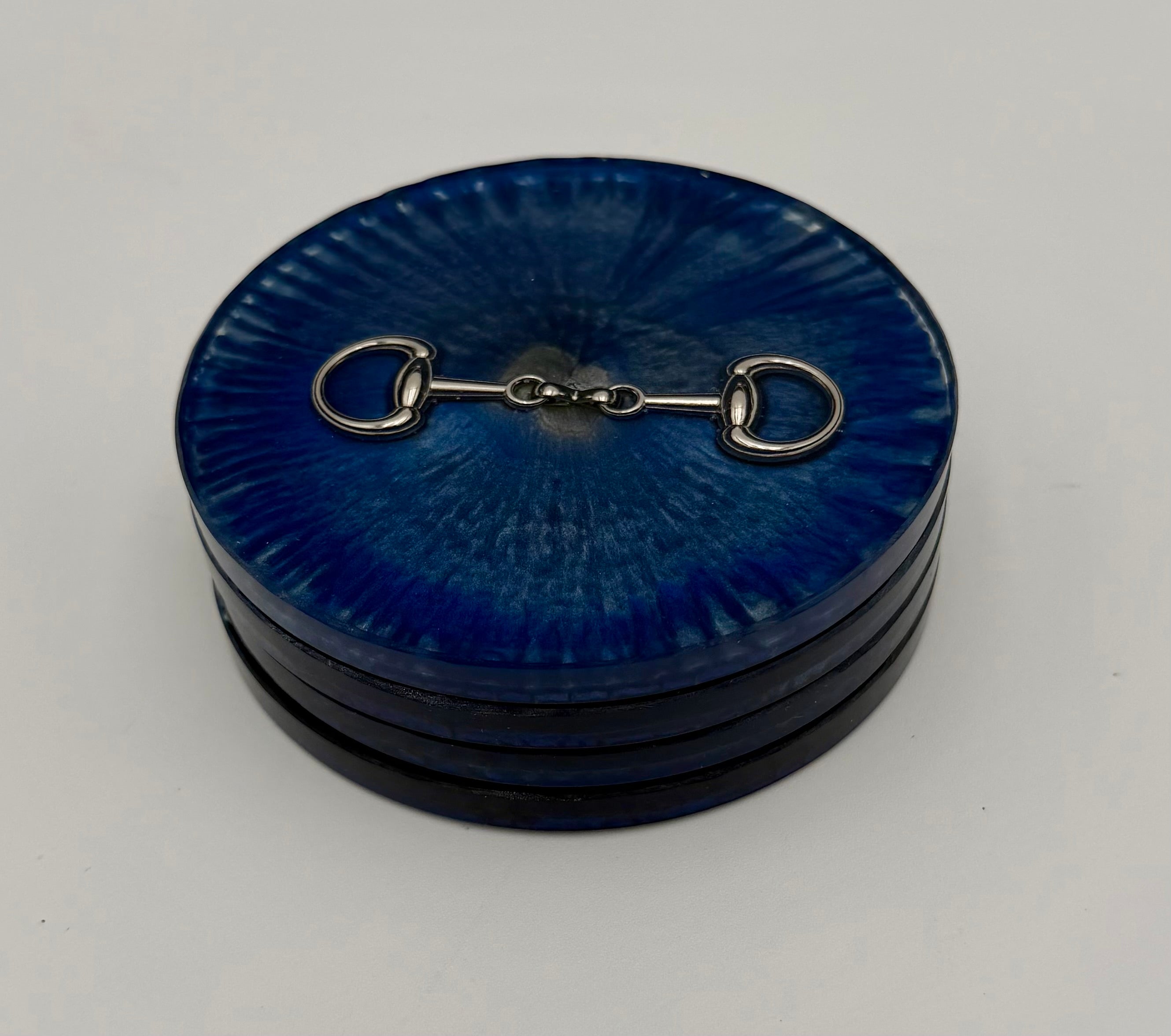 Modern Equestrian Round Resin Coasters – Set of 4 Drink Coasters with Snaffle Bit Hardware