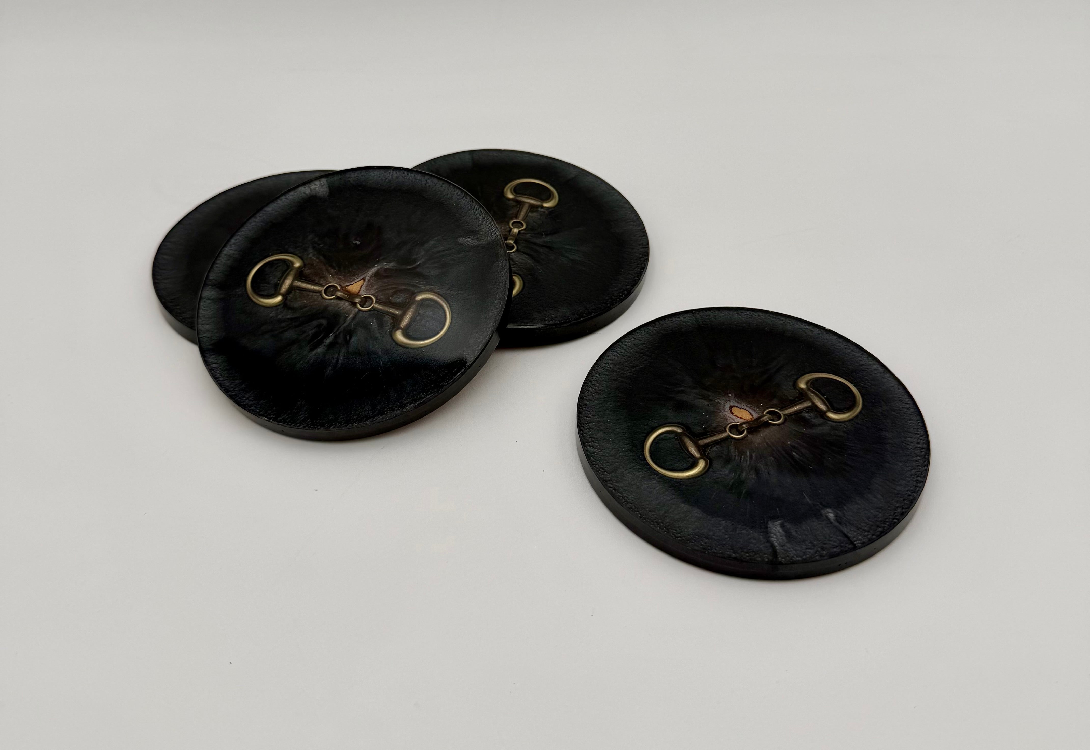 Modern Equestrian Round Resin Coasters – Set of 4 Drink Coasters with Snaffle Bit Hardware