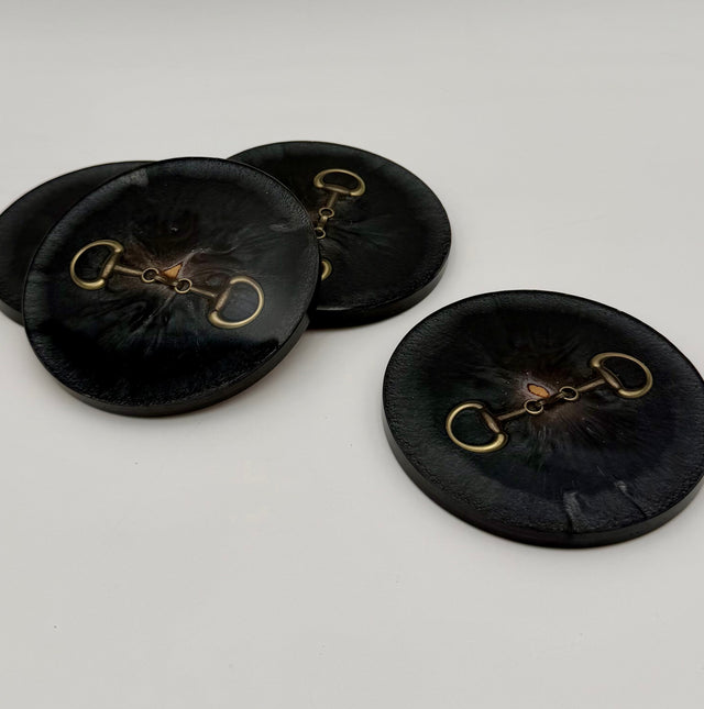 Modern Equestrian Round Resin Coasters – Set of 4 Drink Coasters with Snaffle Bit Hardware