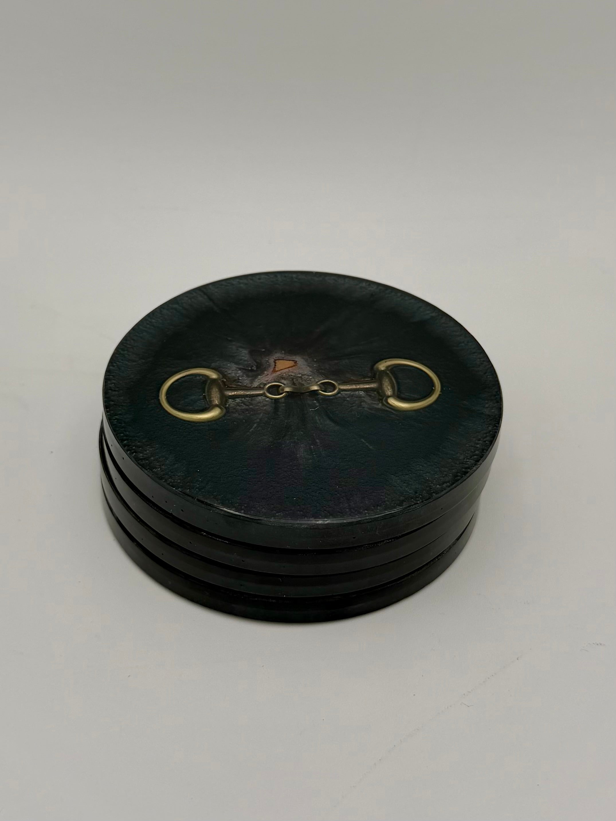 Modern Equestrian Round Resin Coasters – Set of 4 Drink Coasters with Snaffle Bit Hardware