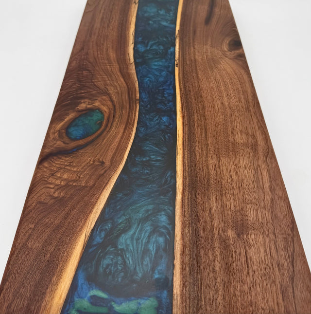 Handcrafted Black Walnut & Deep Blue Epoxy Resin River Charcuterie Board