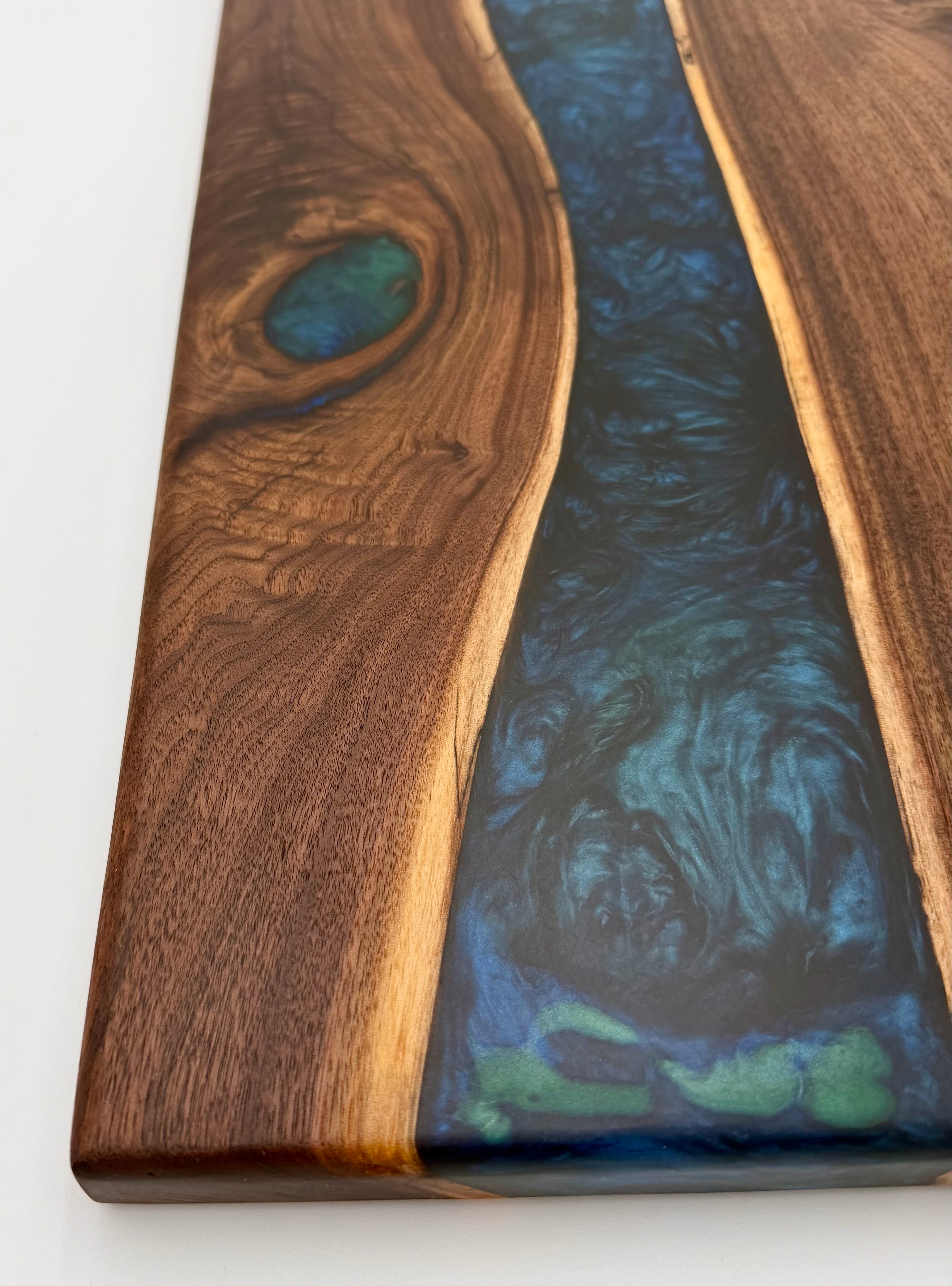 Handcrafted Black Walnut & Deep Blue Epoxy Resin River Charcuterie Board