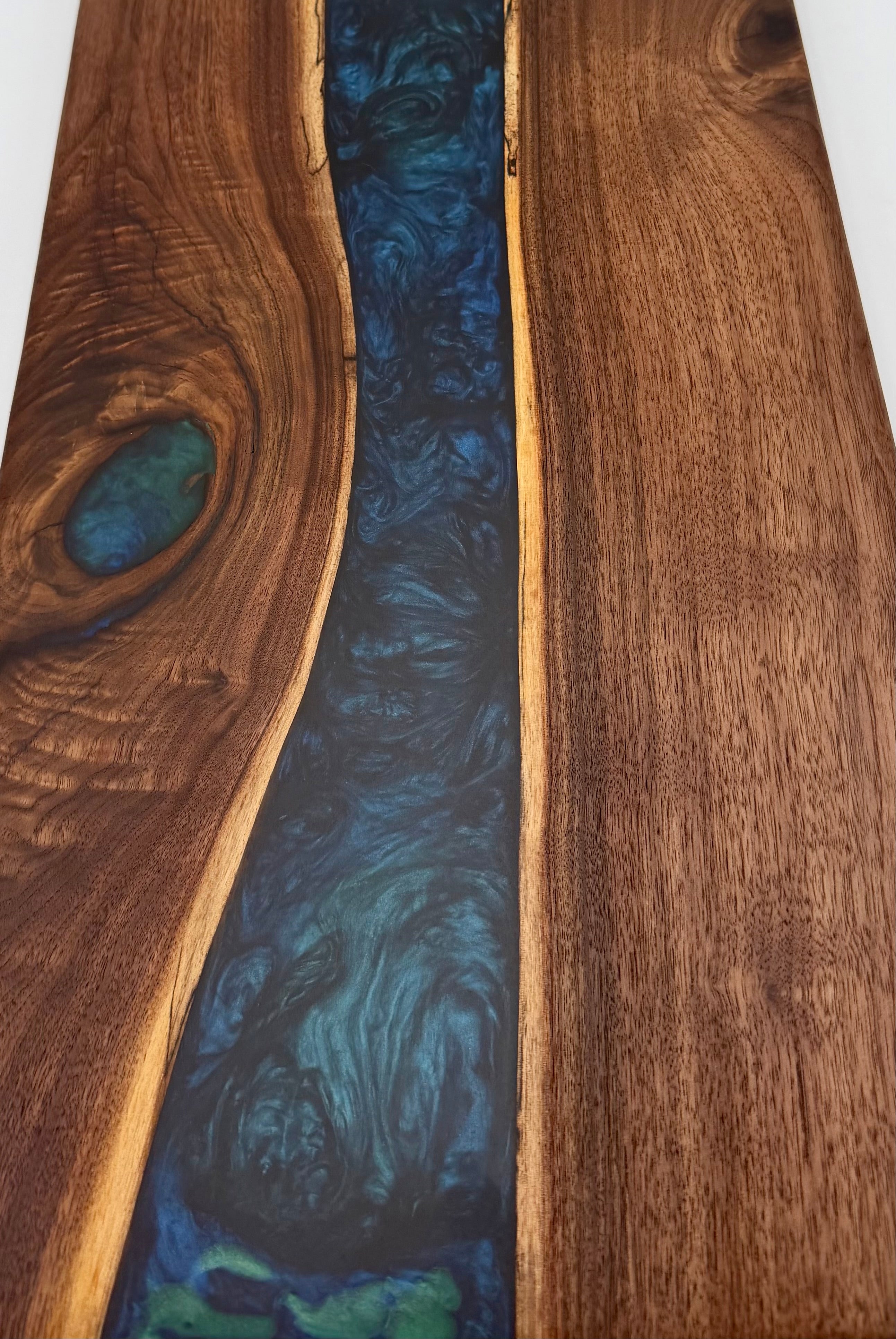 Handcrafted Black Walnut & Deep Blue Epoxy Resin River Charcuterie Board