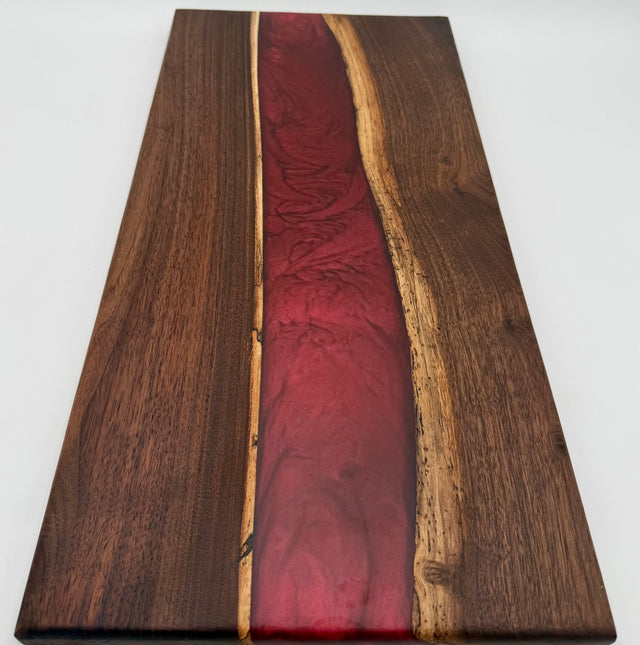 Handcrafted Black Walnut & Crimson Ruby Epoxy Resin River Charcuterie Board
