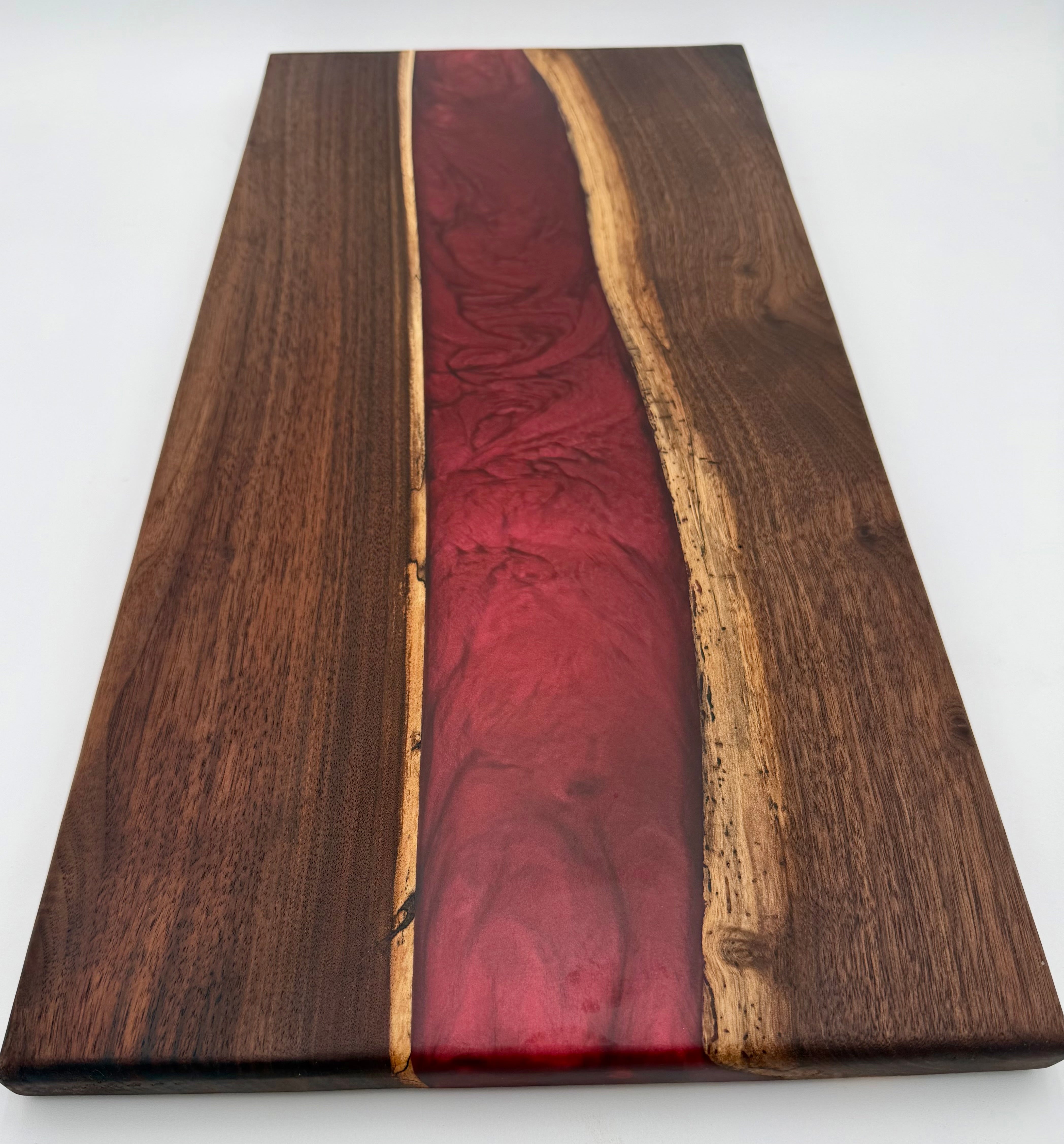 Handcrafted Black Walnut & Crimson Ruby Epoxy Resin River Charcuterie Board