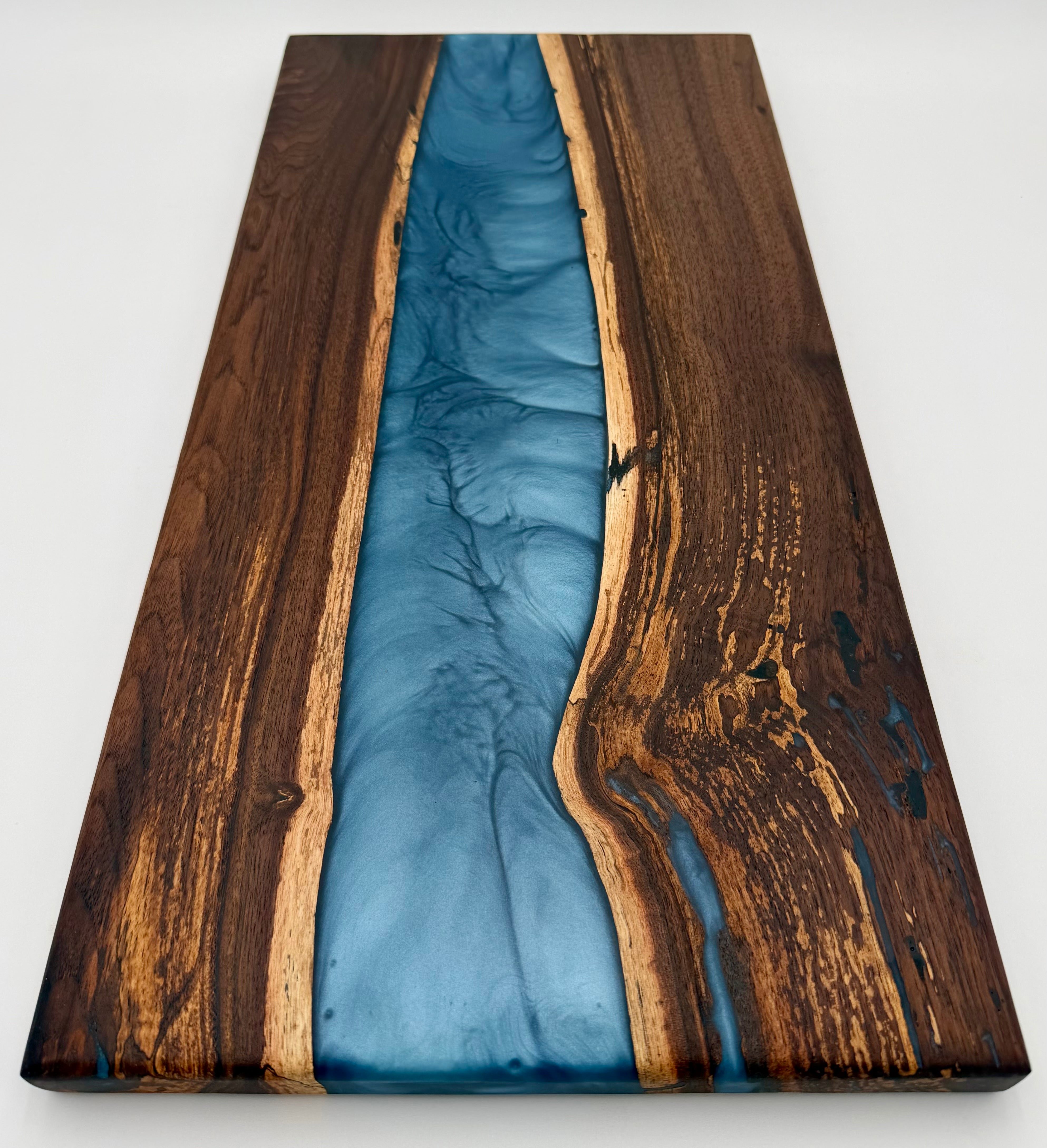 Handcrafted Black Walnut & Aqua Blue Metallic Epoxy Resin River Charcuterie Board