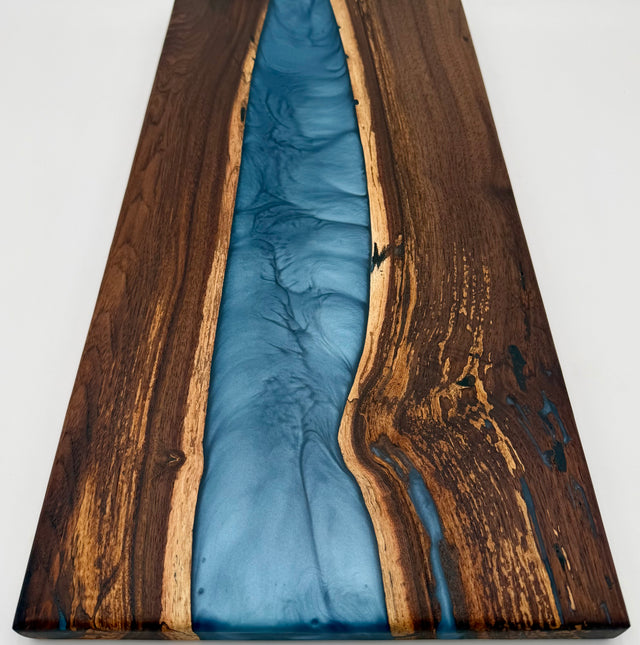 Handcrafted Black Walnut & Aqua Blue Metallic Epoxy Resin River Charcuterie Board