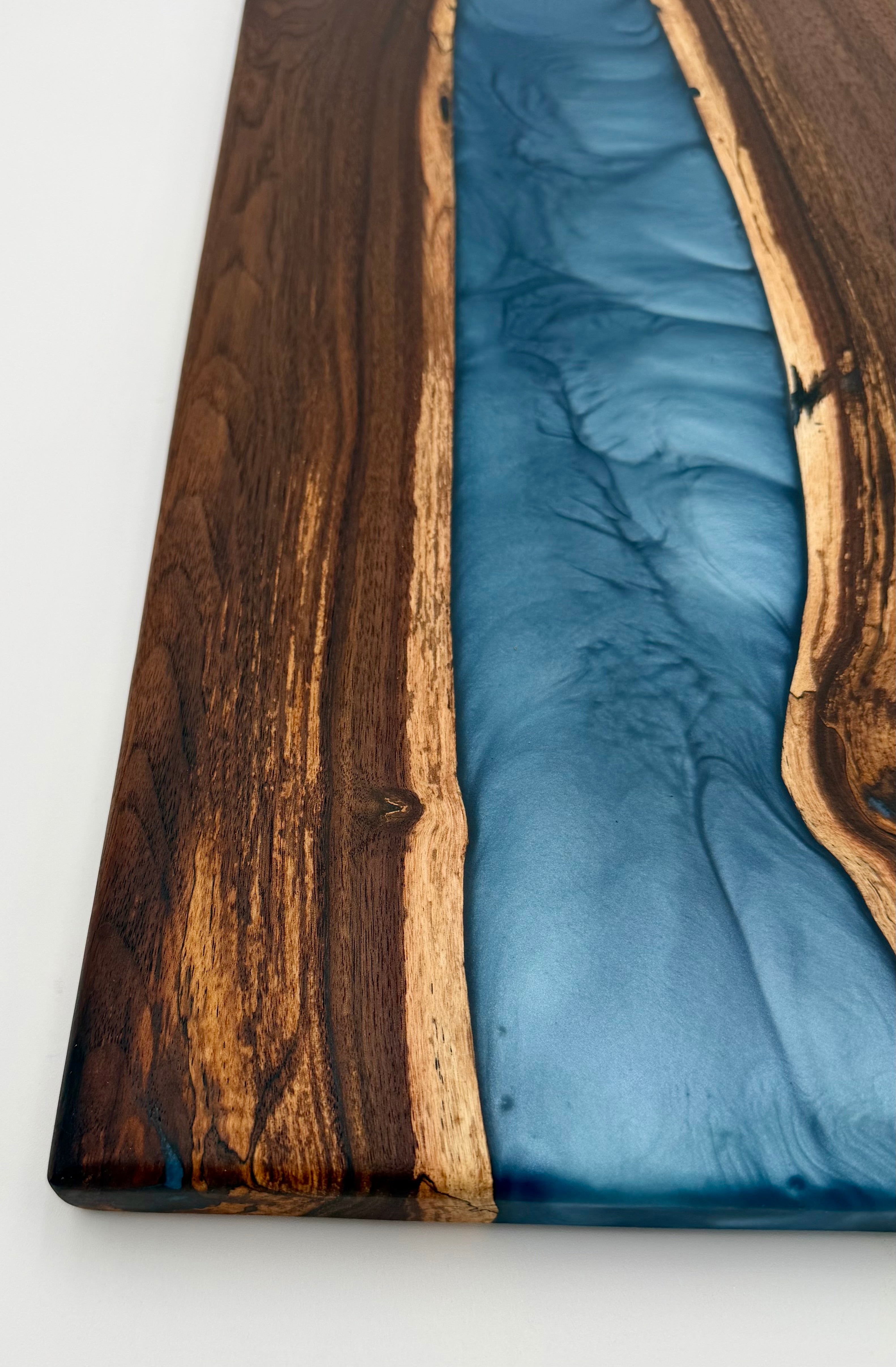 Handcrafted Black Walnut & Aqua Blue Metallic Epoxy Resin River Charcuterie Board