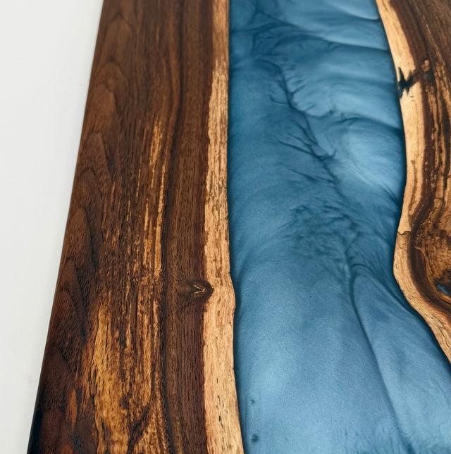 Handcrafted Black Walnut & Aqua Blue Metallic Epoxy Resin River Charcuterie Board