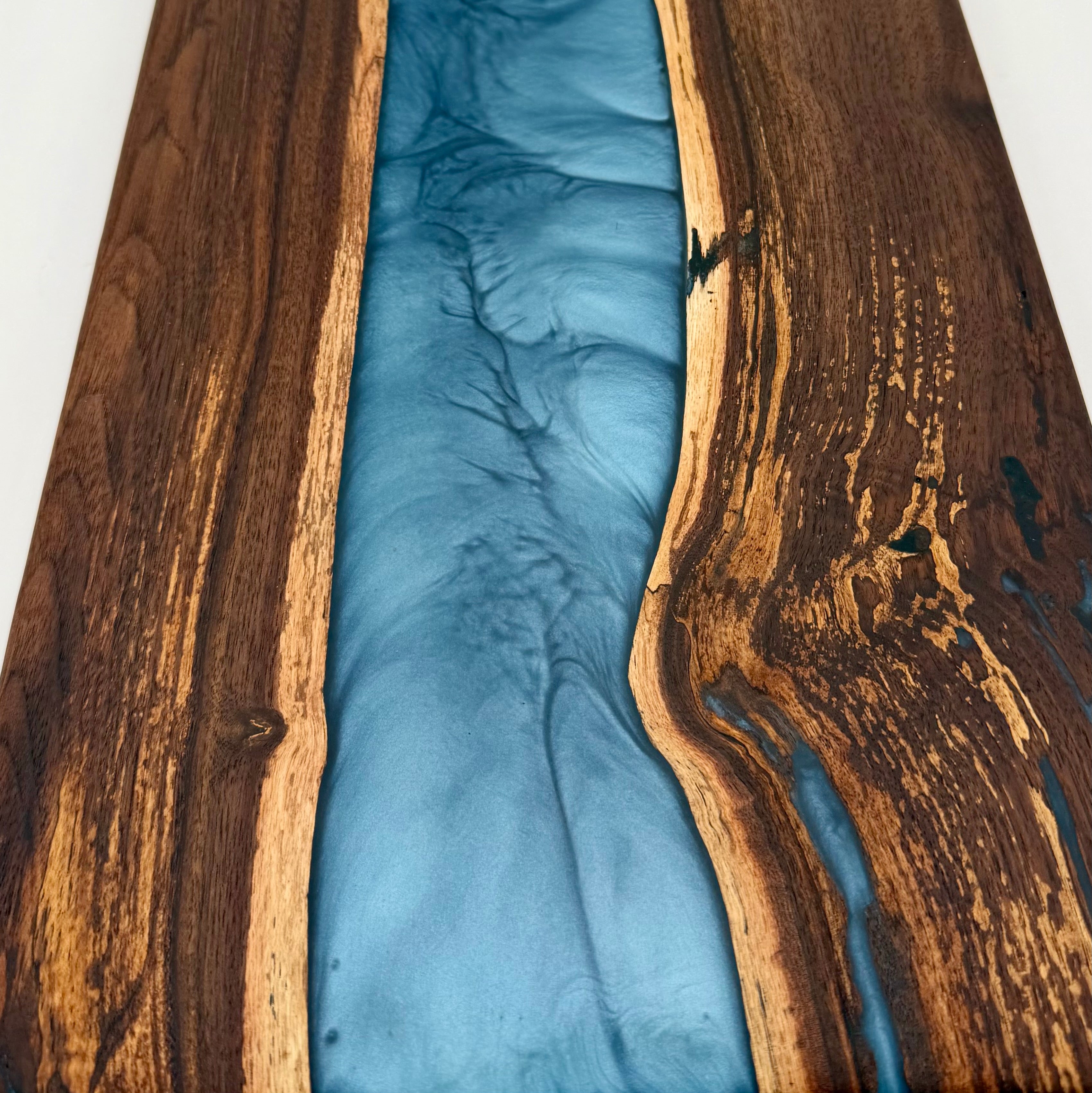 Handcrafted Black Walnut & Aqua Blue Metallic Epoxy Resin River Charcuterie Board