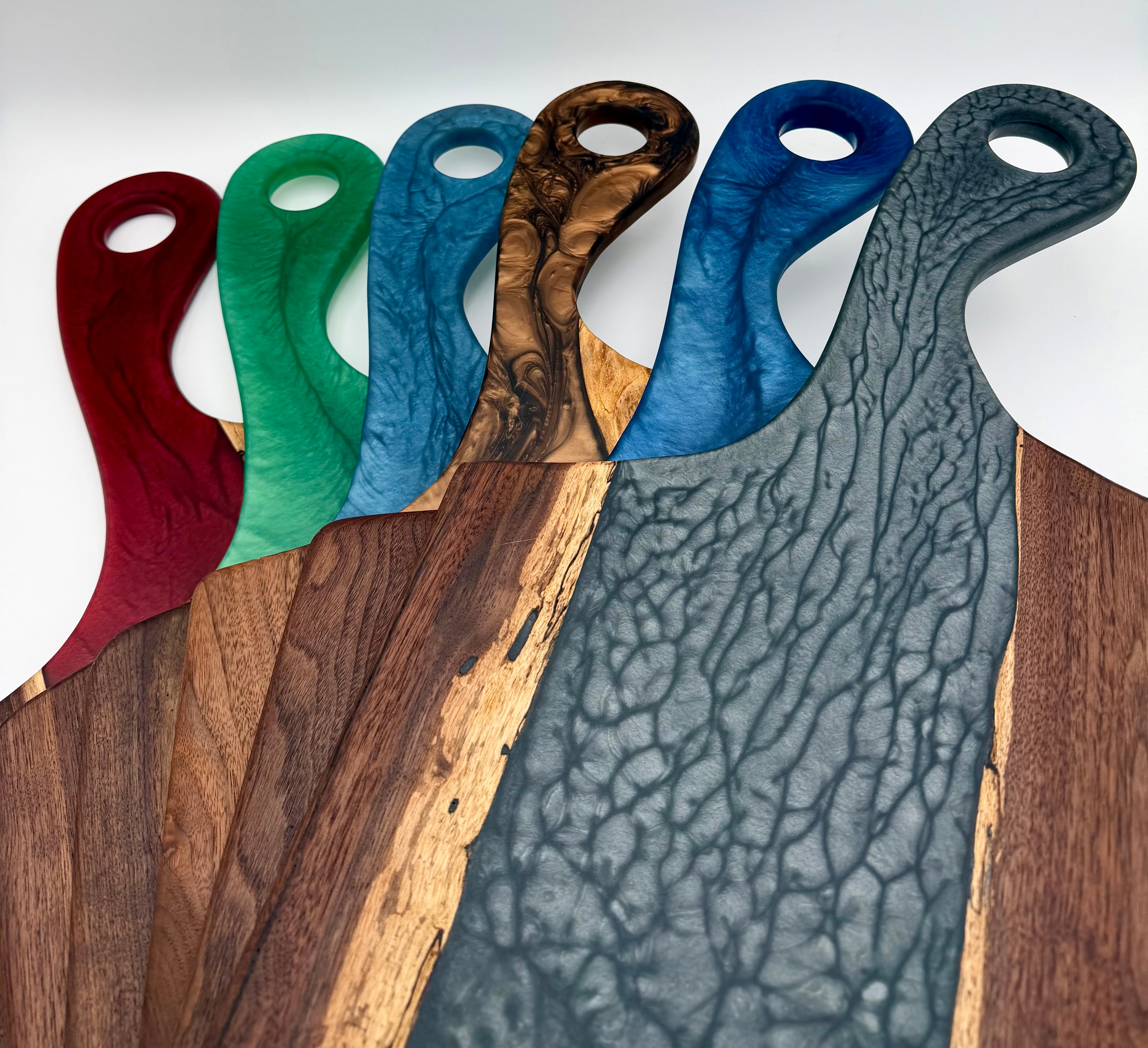 Handcrafted Live-Edge Black Walnut Resin River Charcuterie Board with Paddle Handle