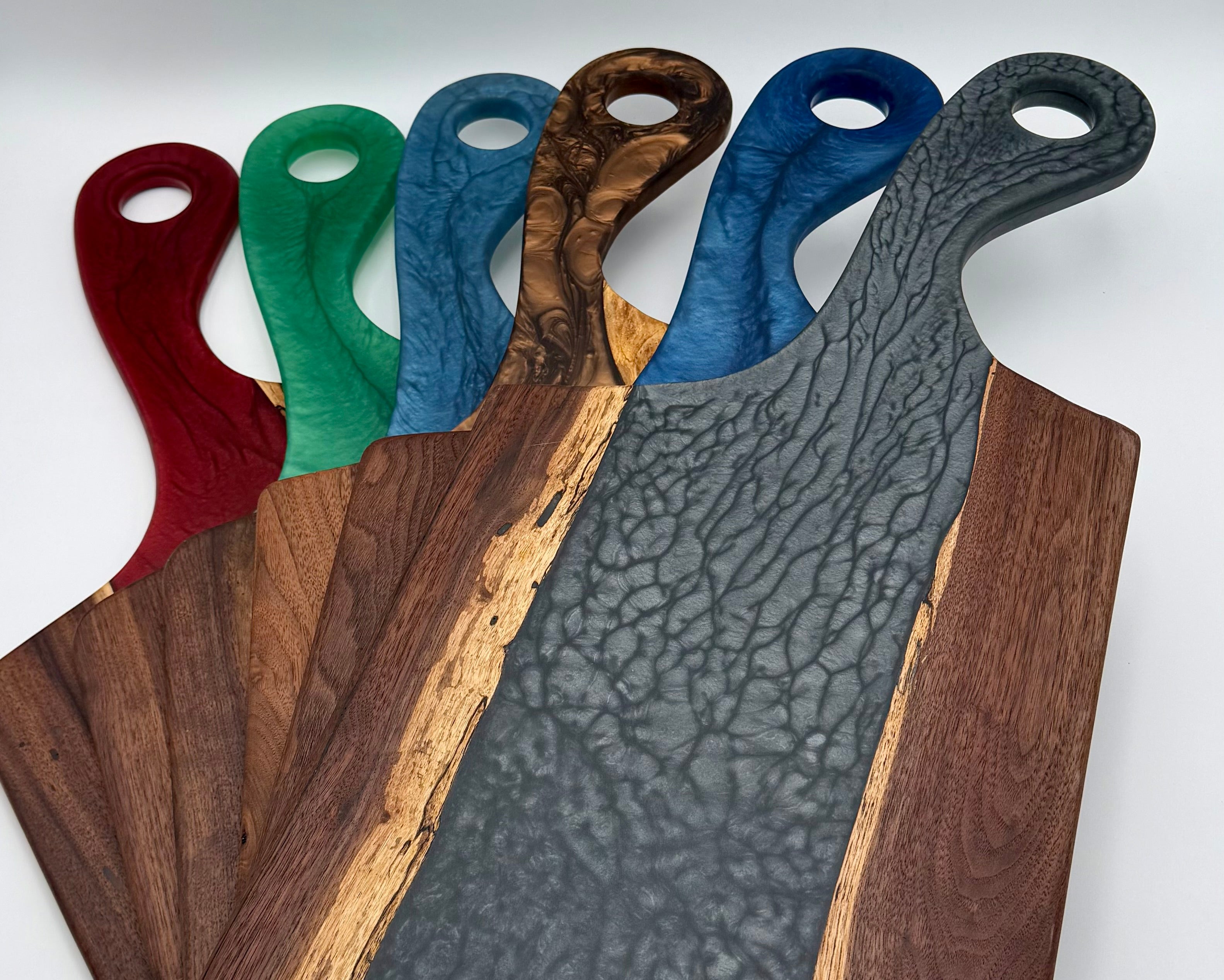 Handcrafted Live-Edge Black Walnut Resin River Charcuterie Board with Paddle Handle