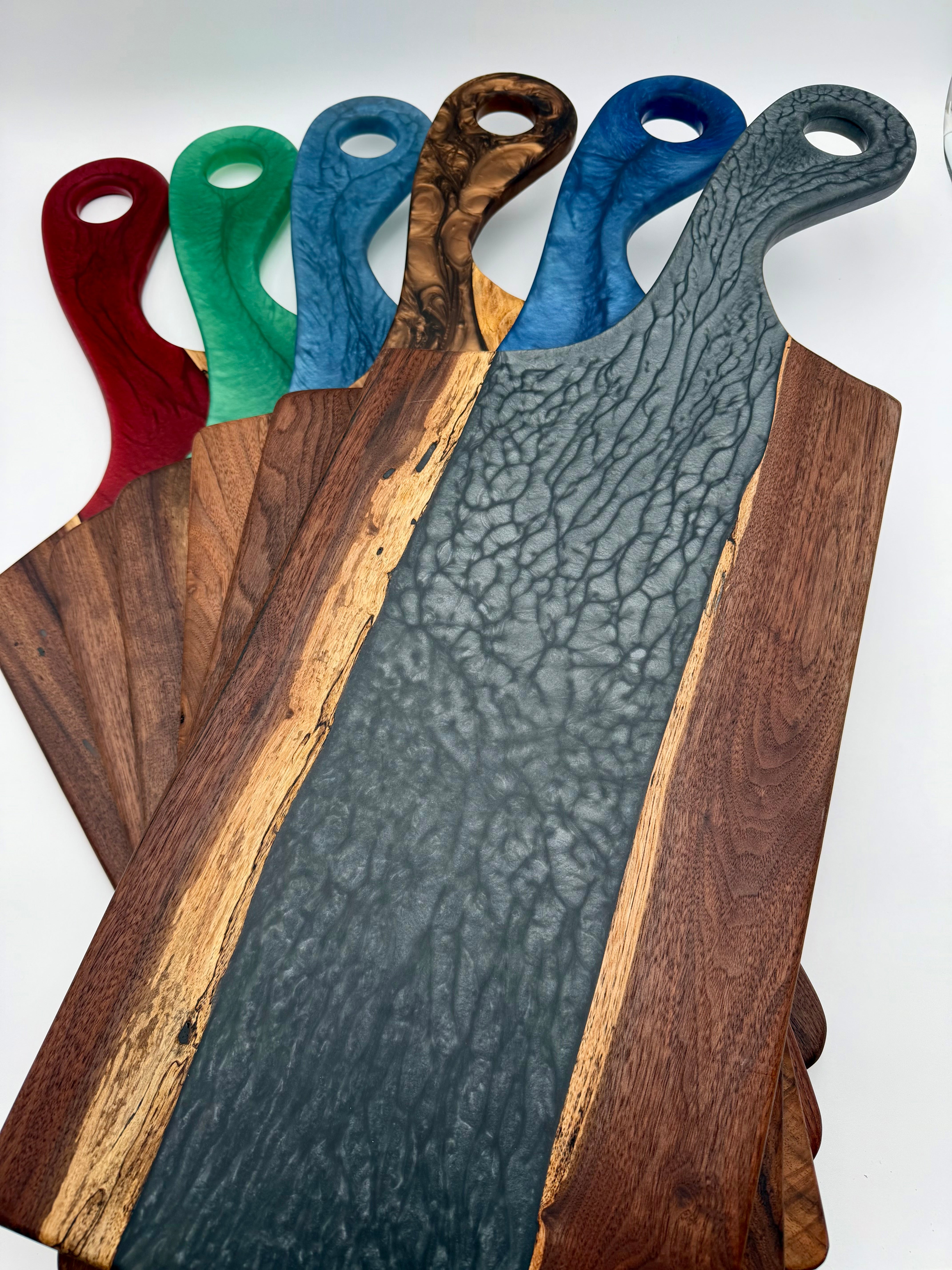Handcrafted Live-Edge Black Walnut Resin River Charcuterie Board with Paddle Handle