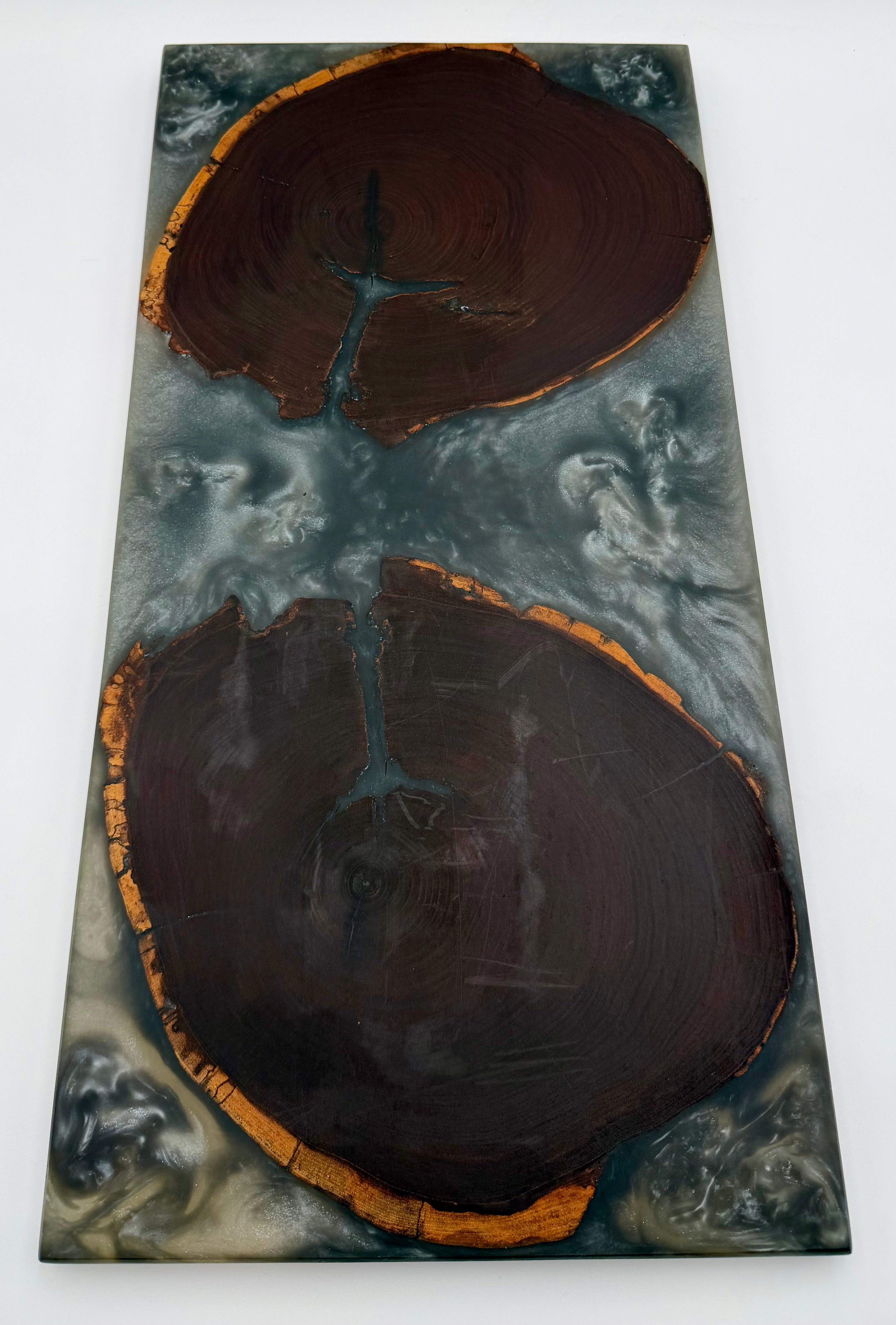 Live Edge Black Walnut End-Grain with Shimmering Silver Resin River Charcuterie Board
