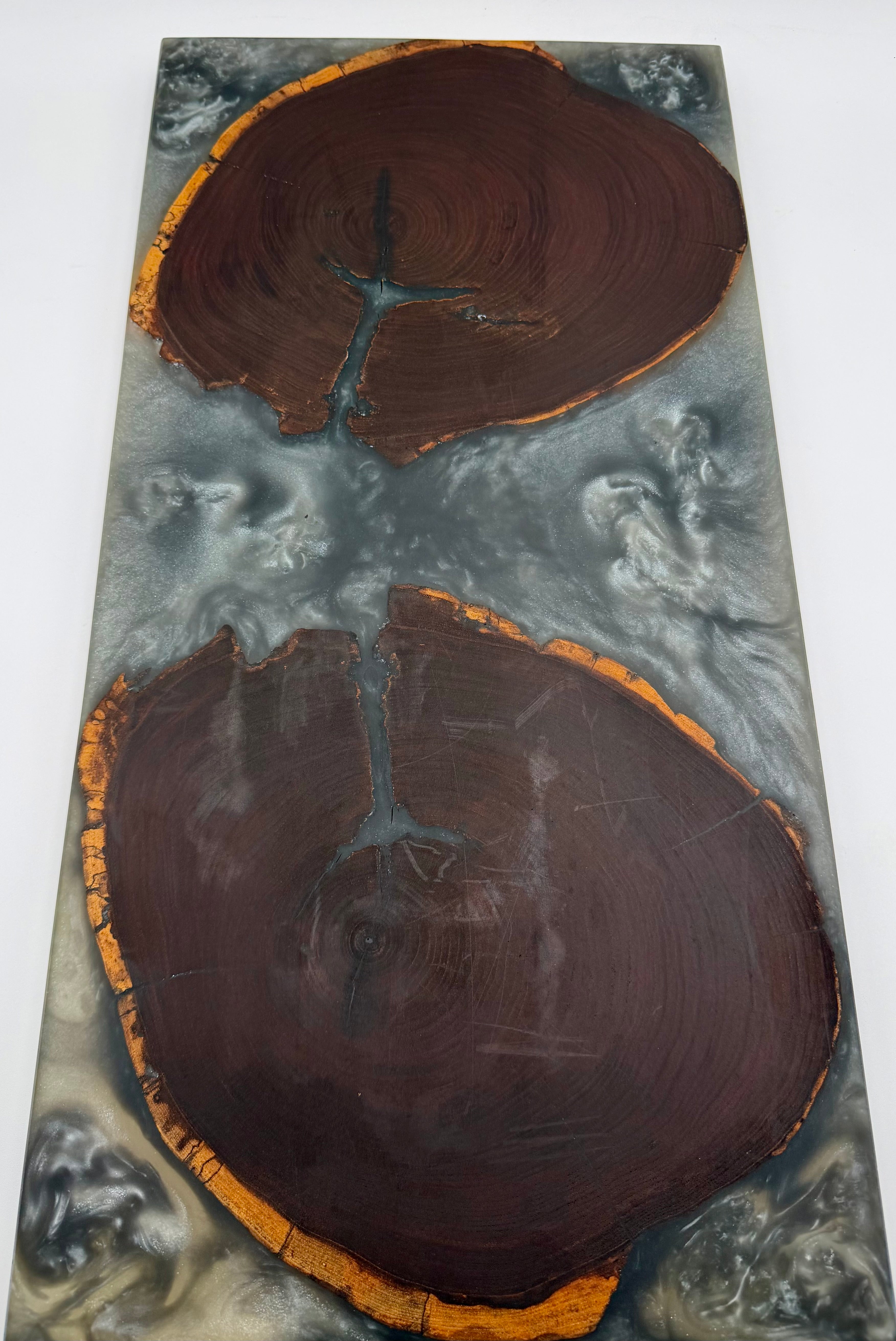Live Edge Black Walnut End-Grain with Shimmering Silver Resin River Charcuterie Board