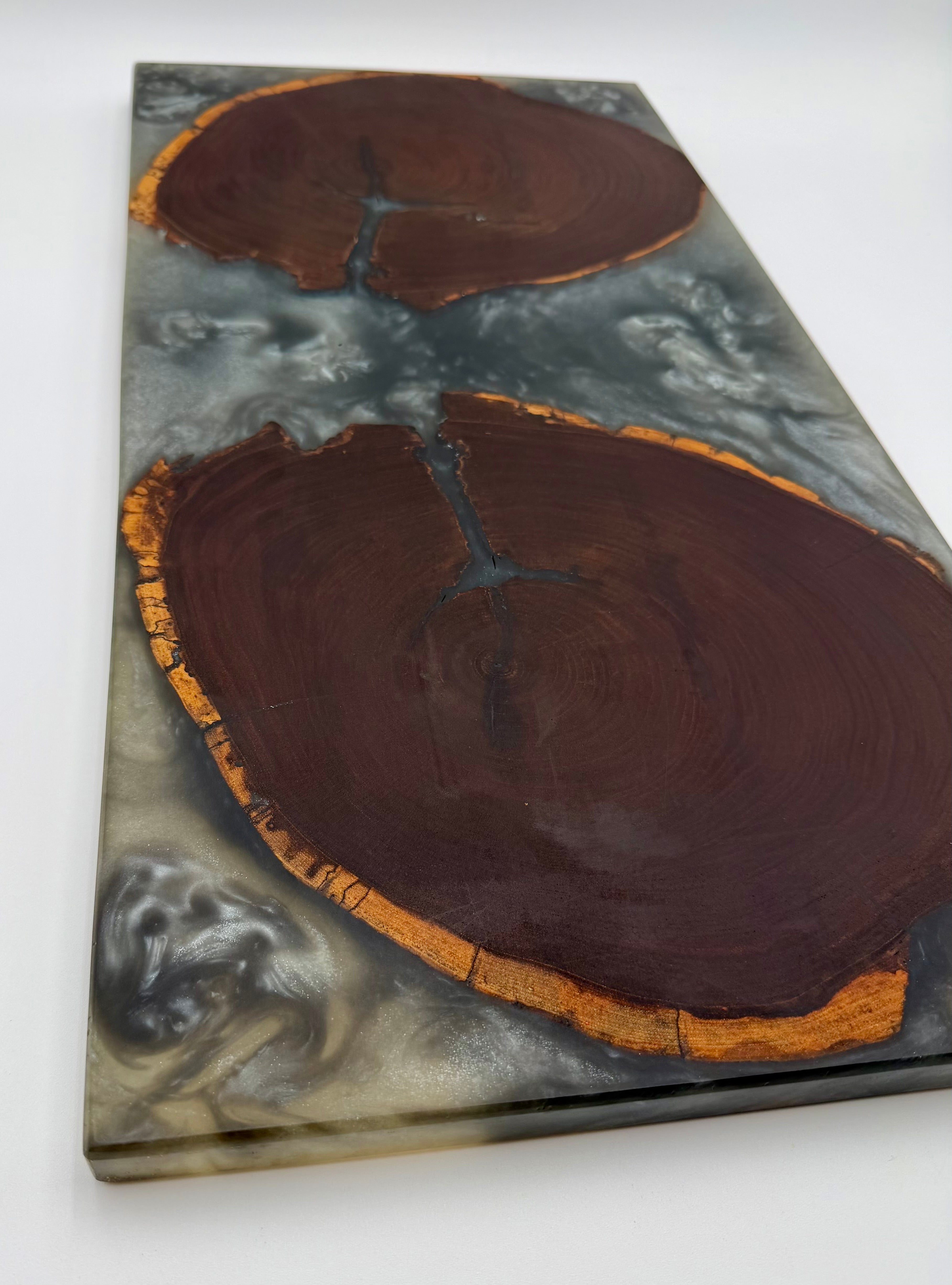 Live Edge Black Walnut End-Grain with Shimmering Silver Resin River Charcuterie Board