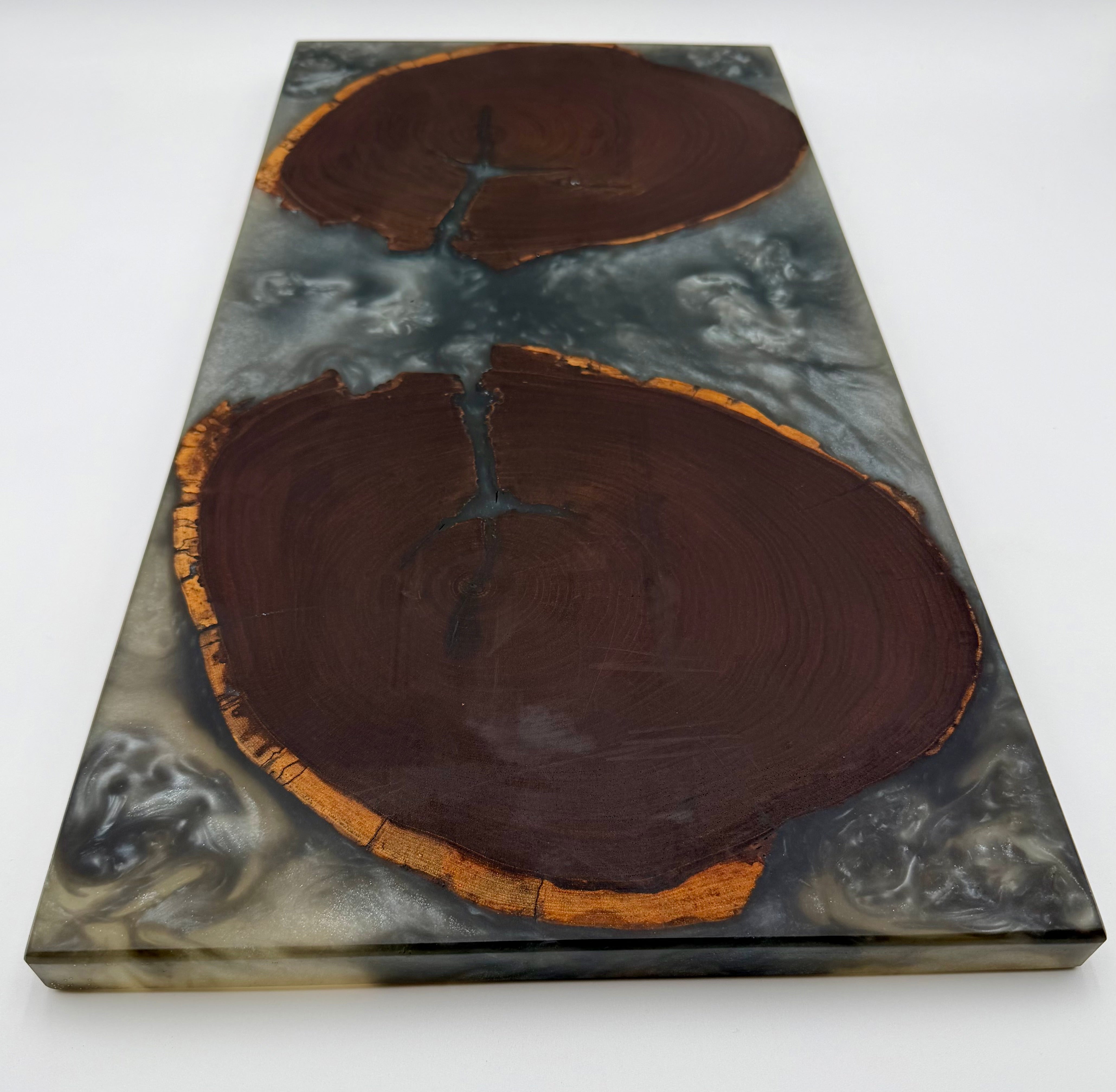 Live Edge Black Walnut End-Grain with Shimmering Silver Resin River Charcuterie Board