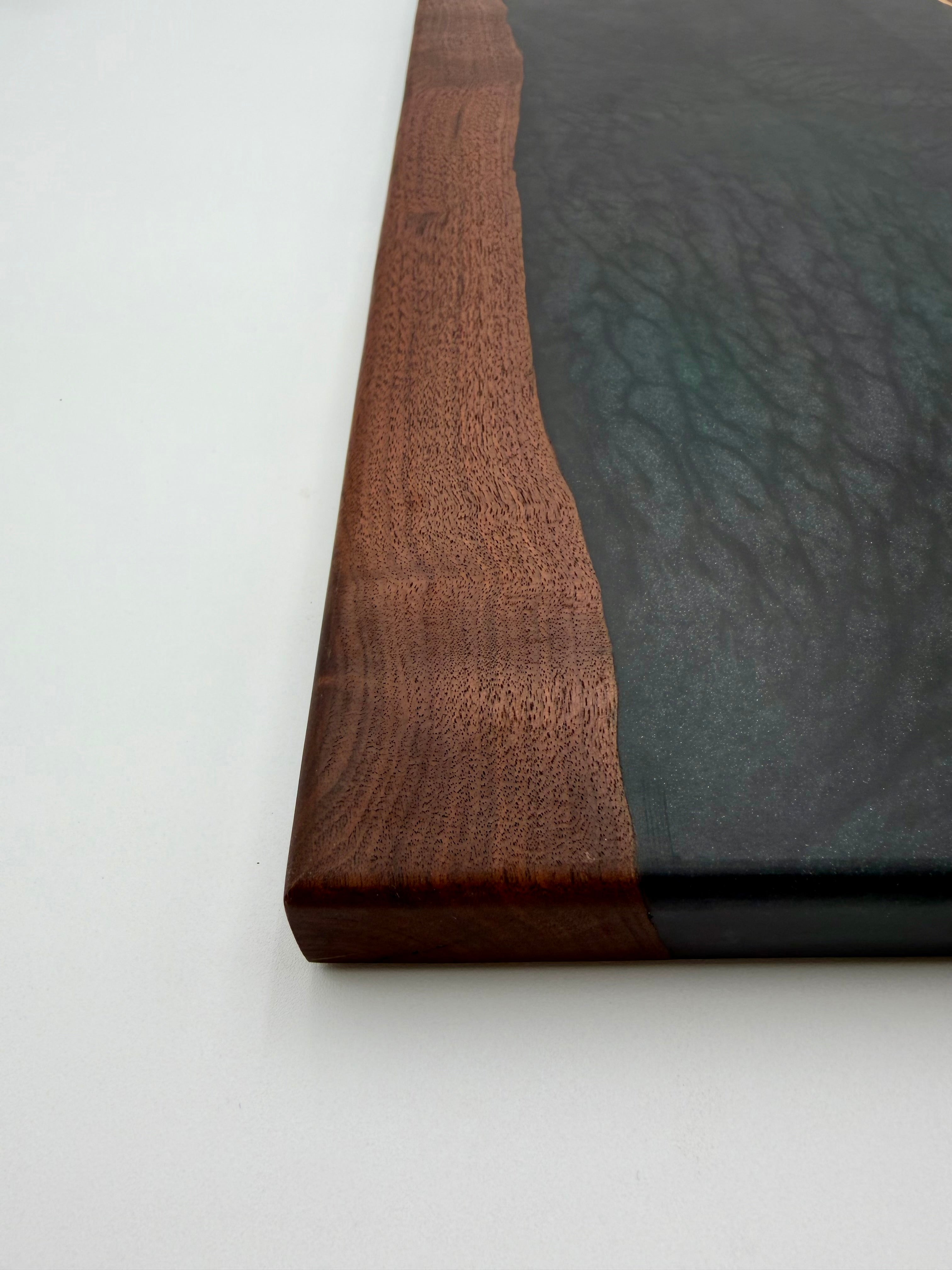 Handcrafted Live Edge Walnut & Dark Metallic Charcoal Epoxy Charcuterie Board