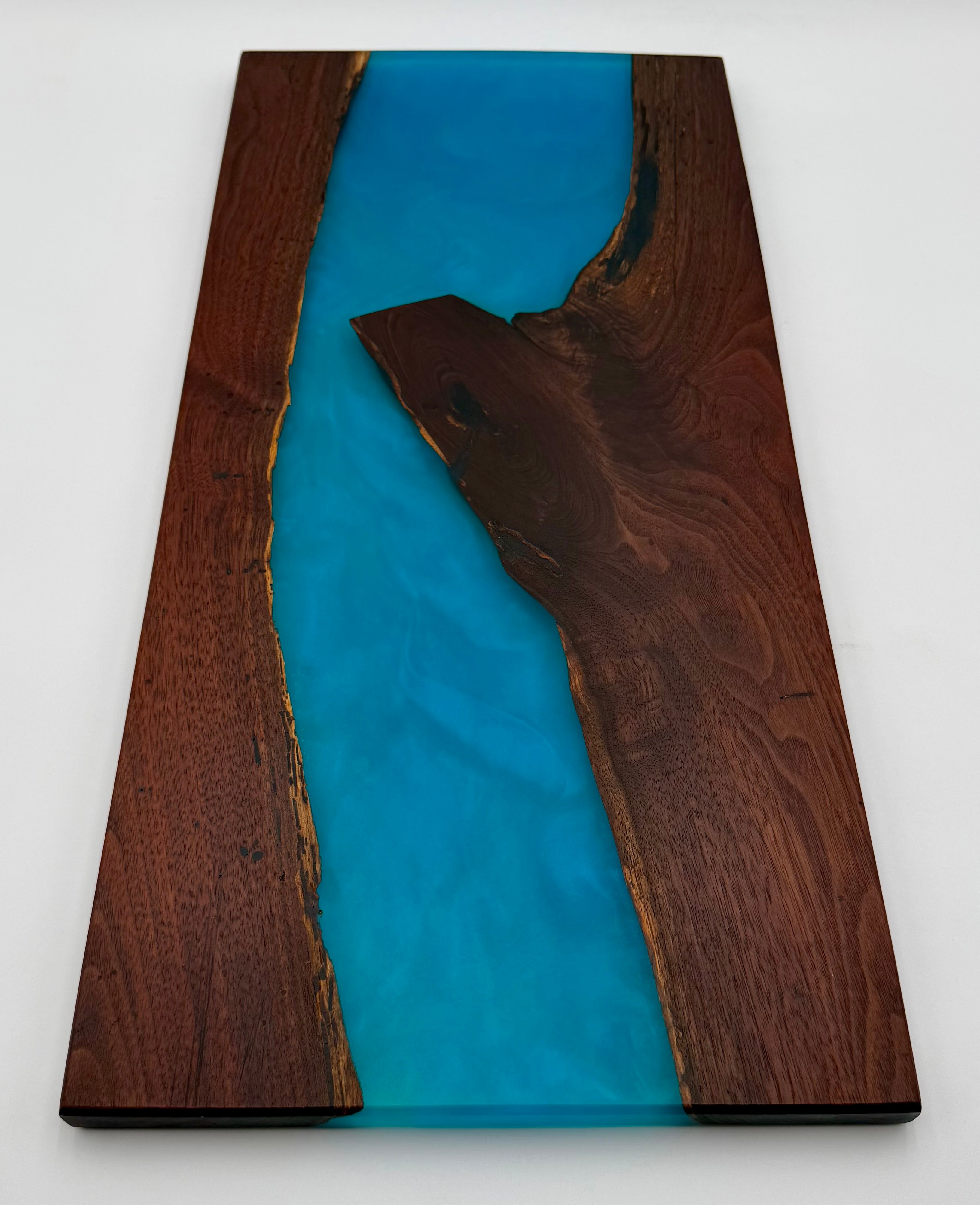 Handcrafted Live Edge Black Walnut & Ocean Blue Epoxy River Board