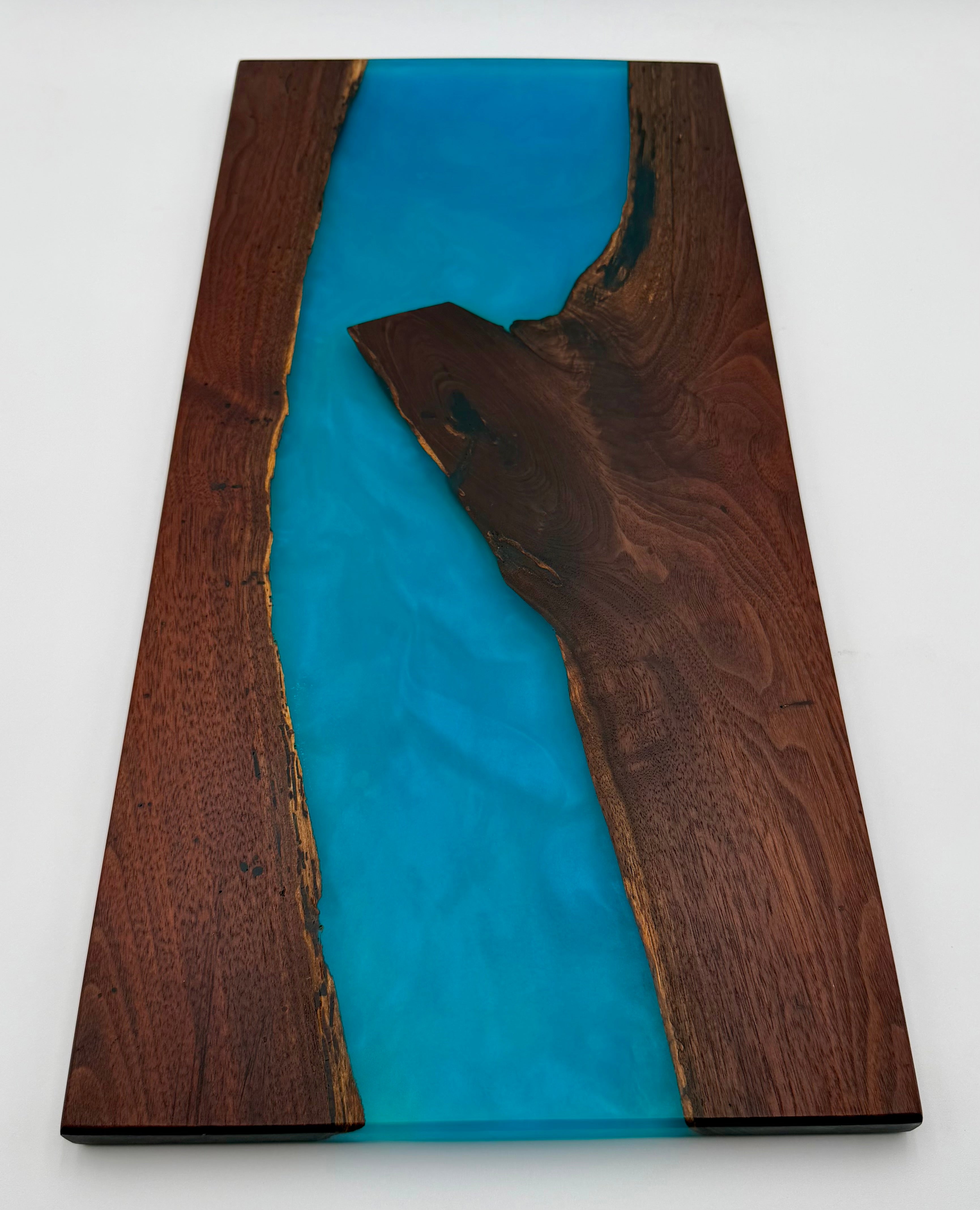 Handcrafted Live Edge Black Walnut & Ocean Blue Epoxy River Board